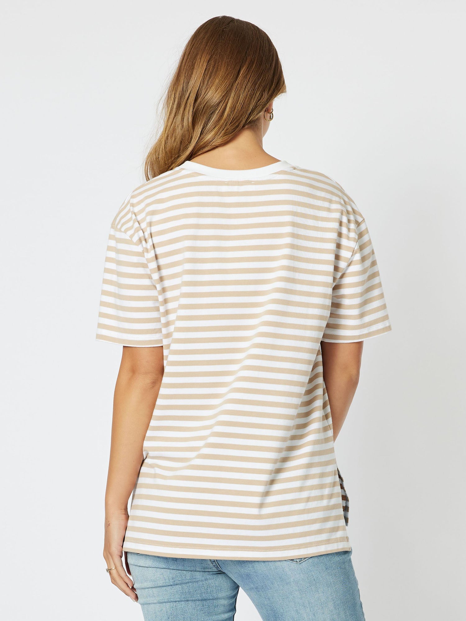 Sailor Stripe Knit Top Vneck Short Sleeve Tshirt - Stone