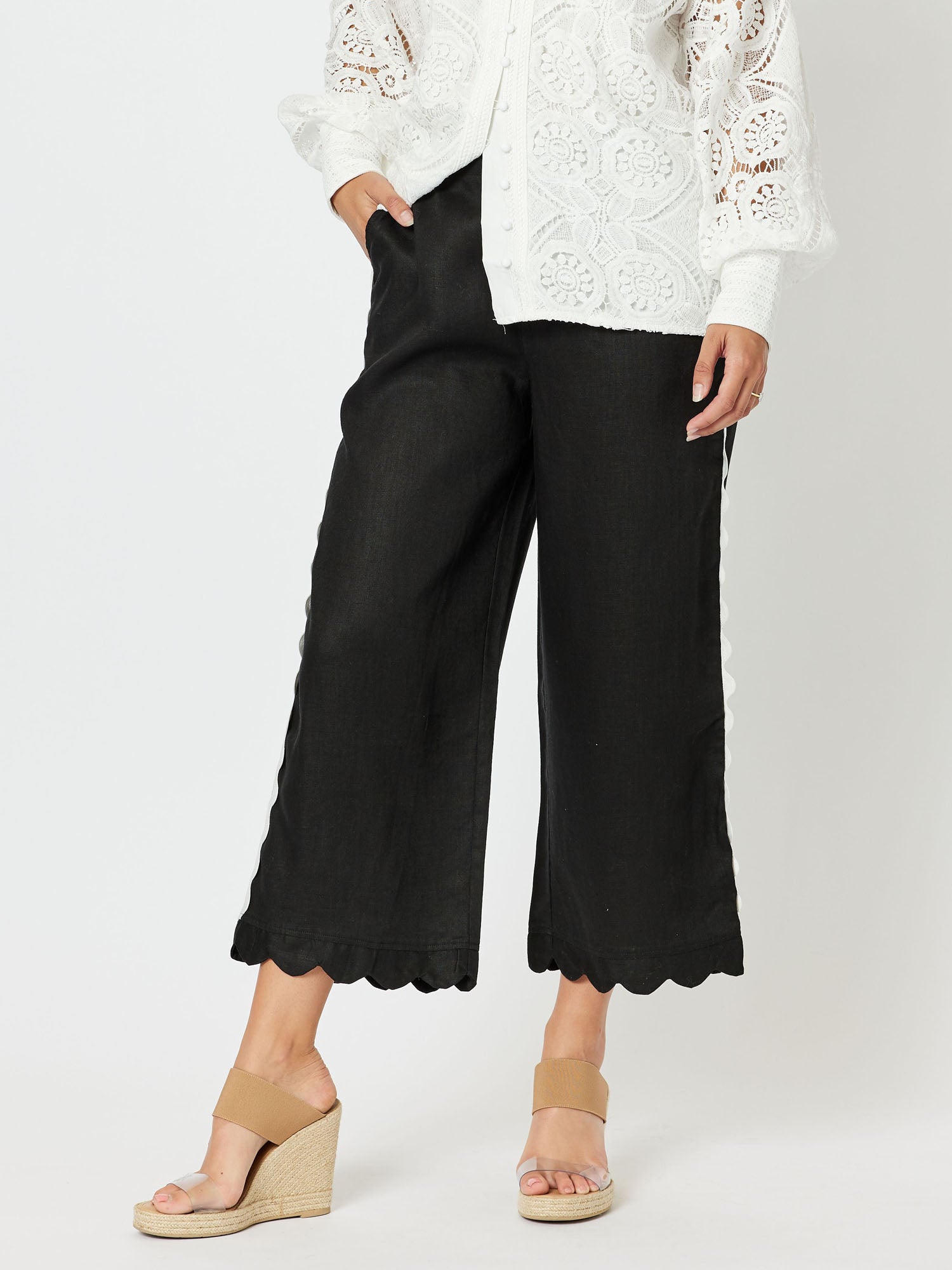 Ric Rac Trim Linen Wide Leg 7/8 Pant - Black