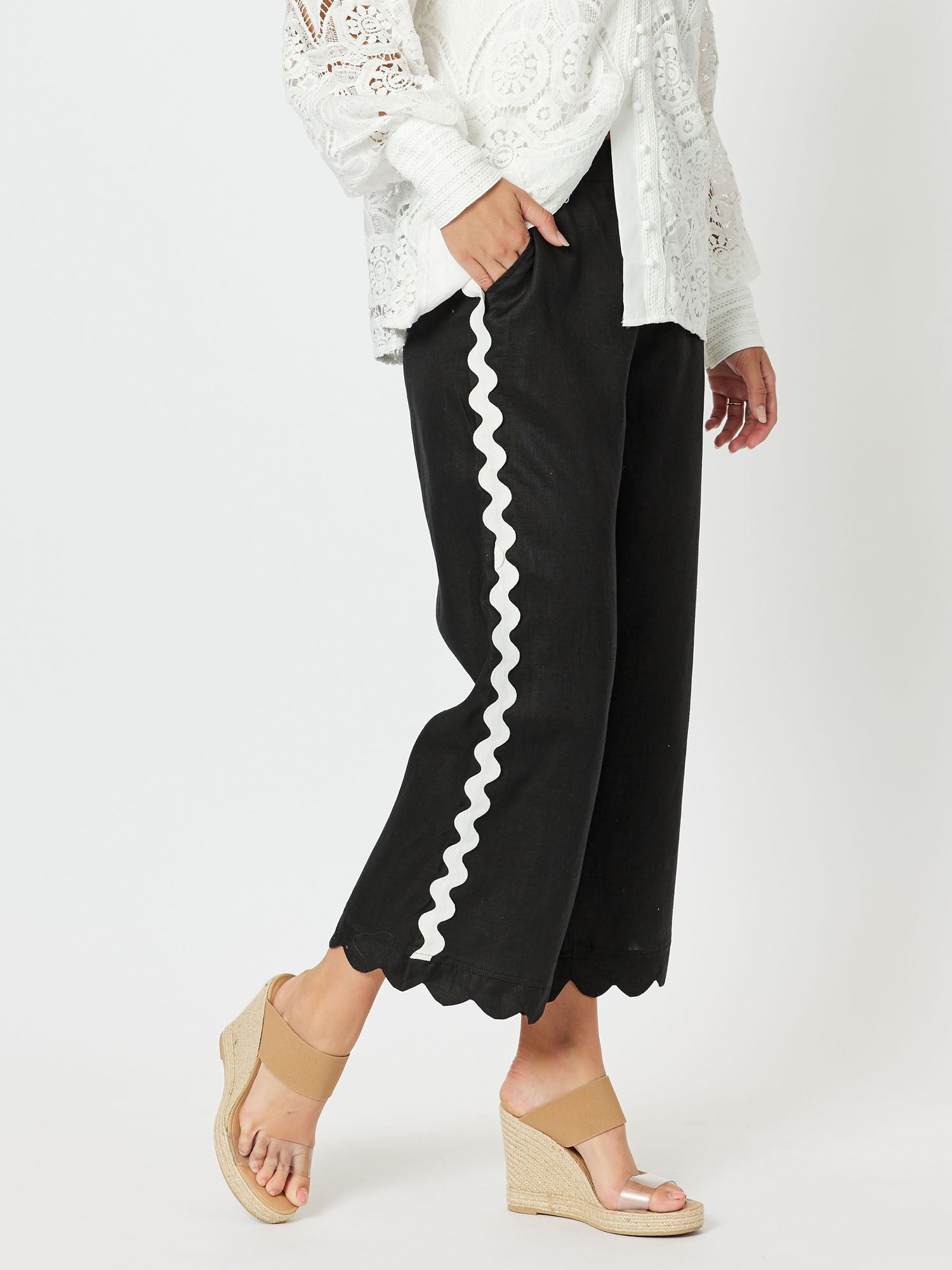 Ric Rac Trim Linen Wide Leg 7/8 Pant - Black