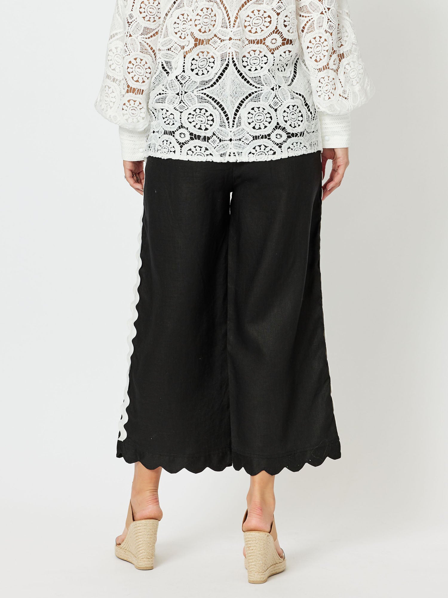Ric Rac Trim Linen Wide Leg 7/8 Pant - Black