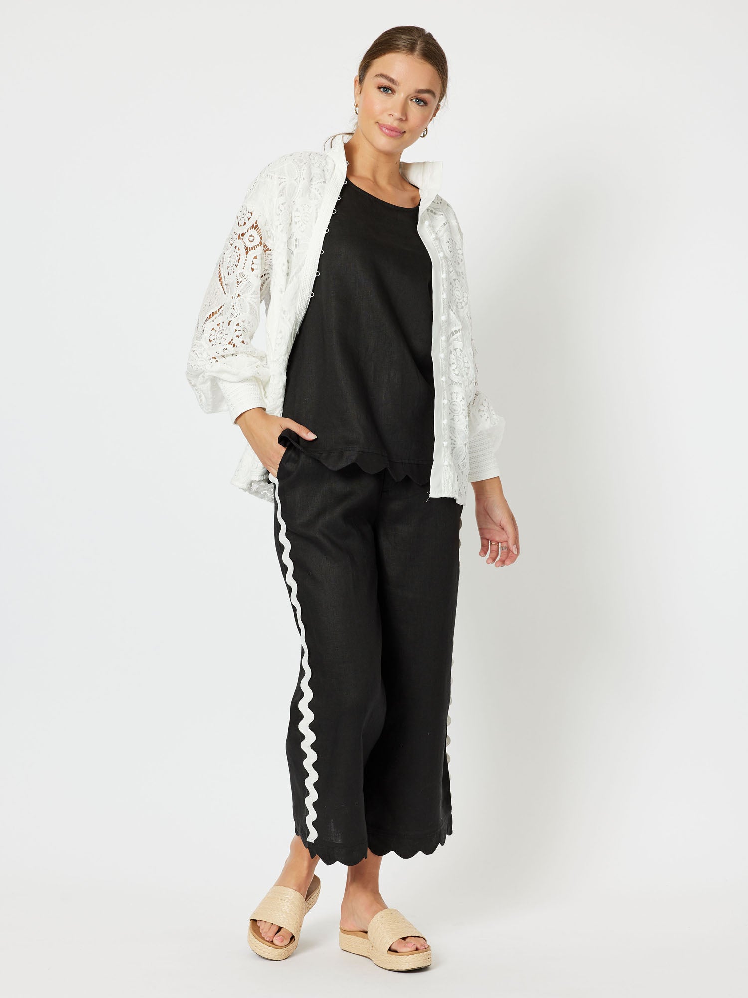 Ric Rac Trim Linen Wide Leg 7/8 Pant - Black