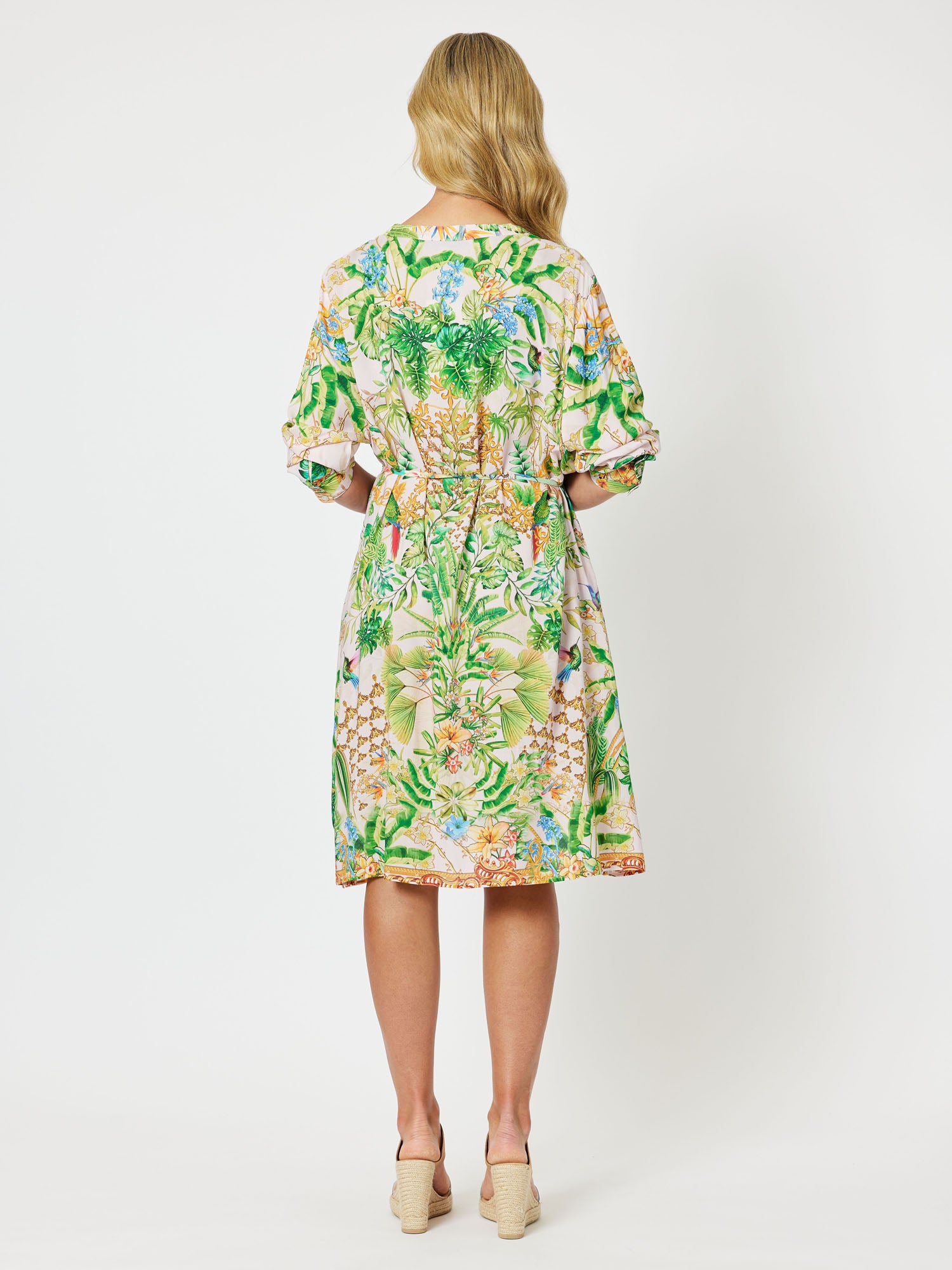 Paradise Print Button Placket Long Sleeve Dress - Fern