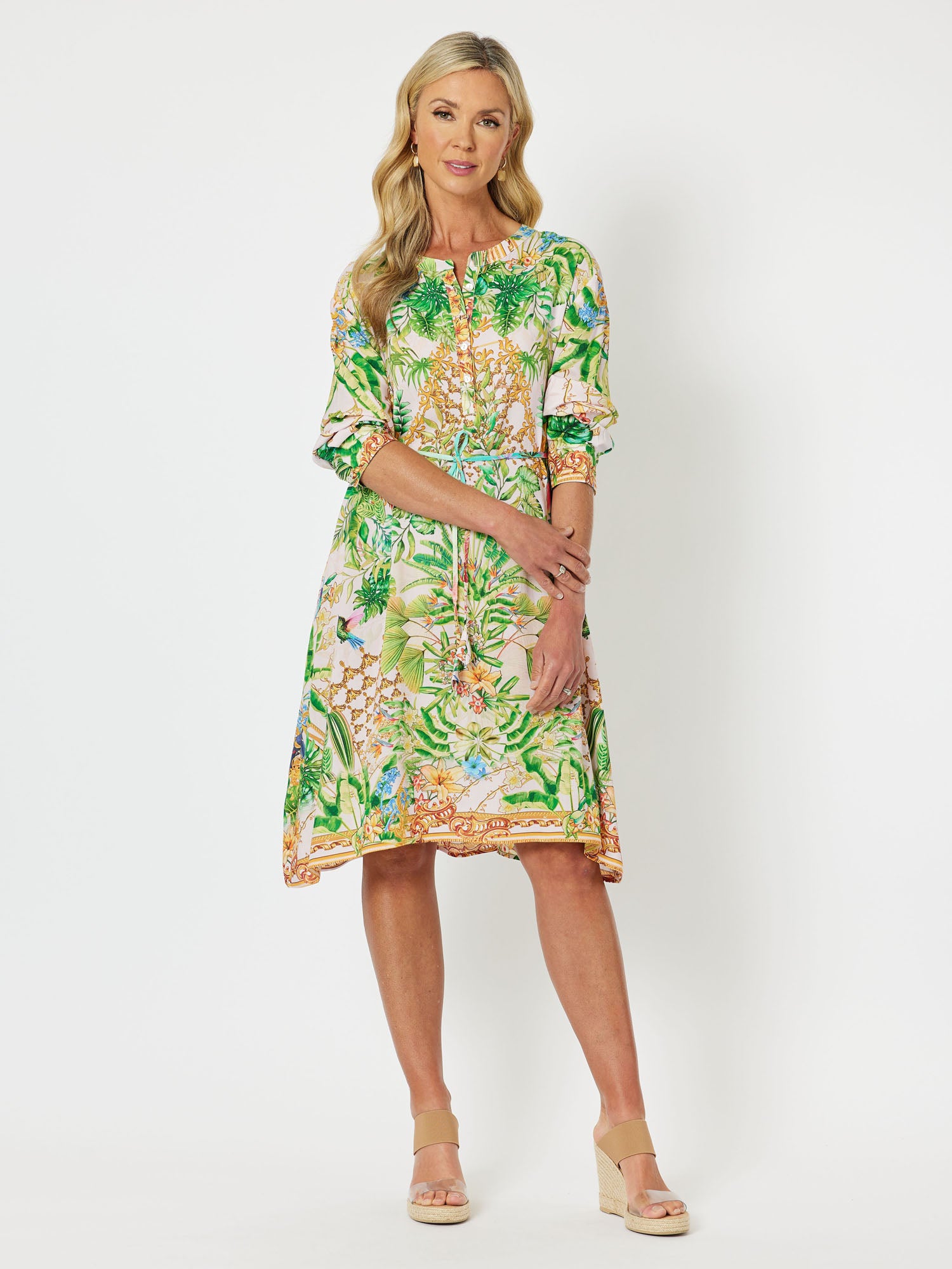 Paradise Print Button Placket Long Sleeve Dress - Fern