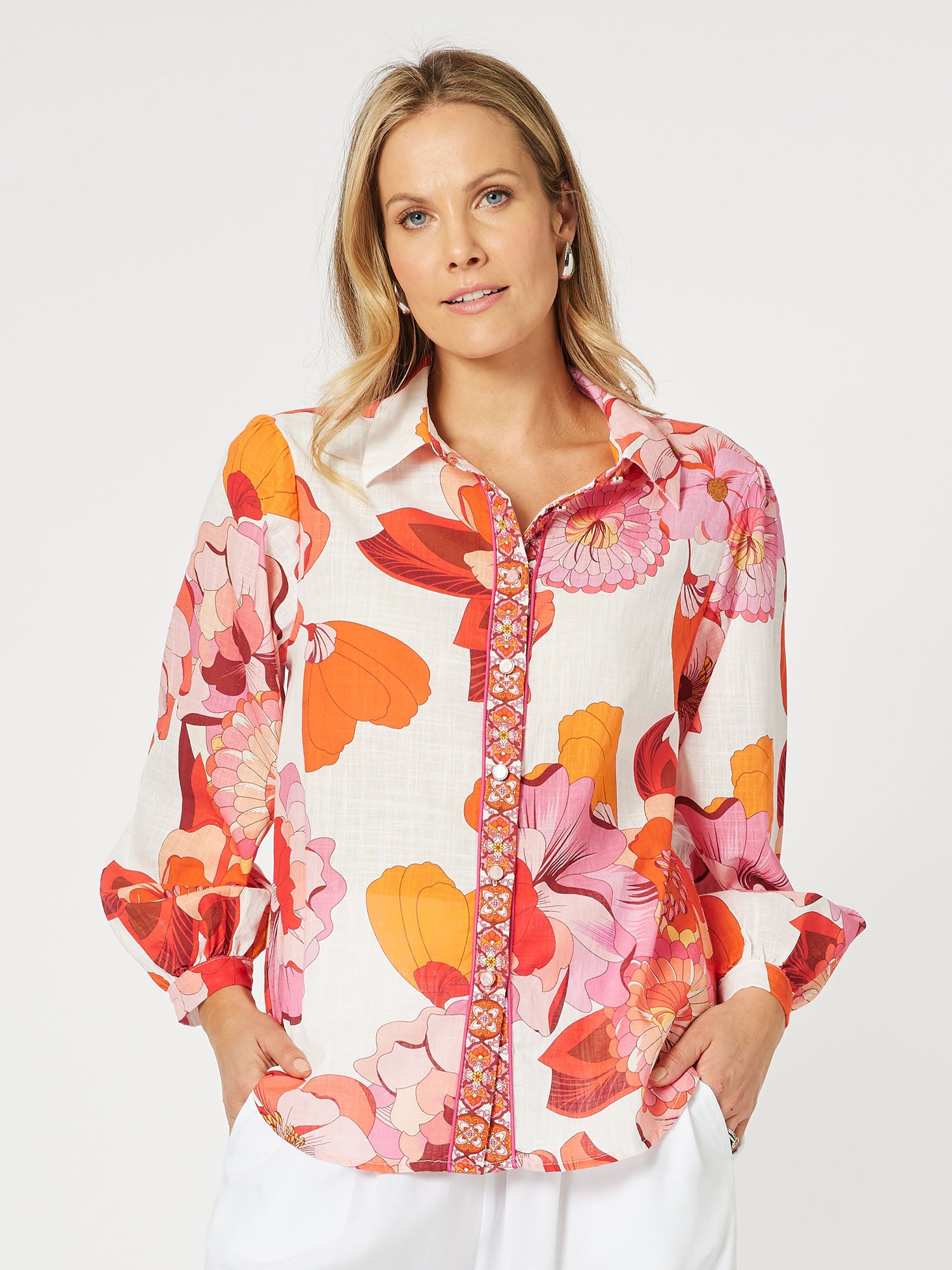 Miami Cotton Print Long Sleeve Shirt - Melon