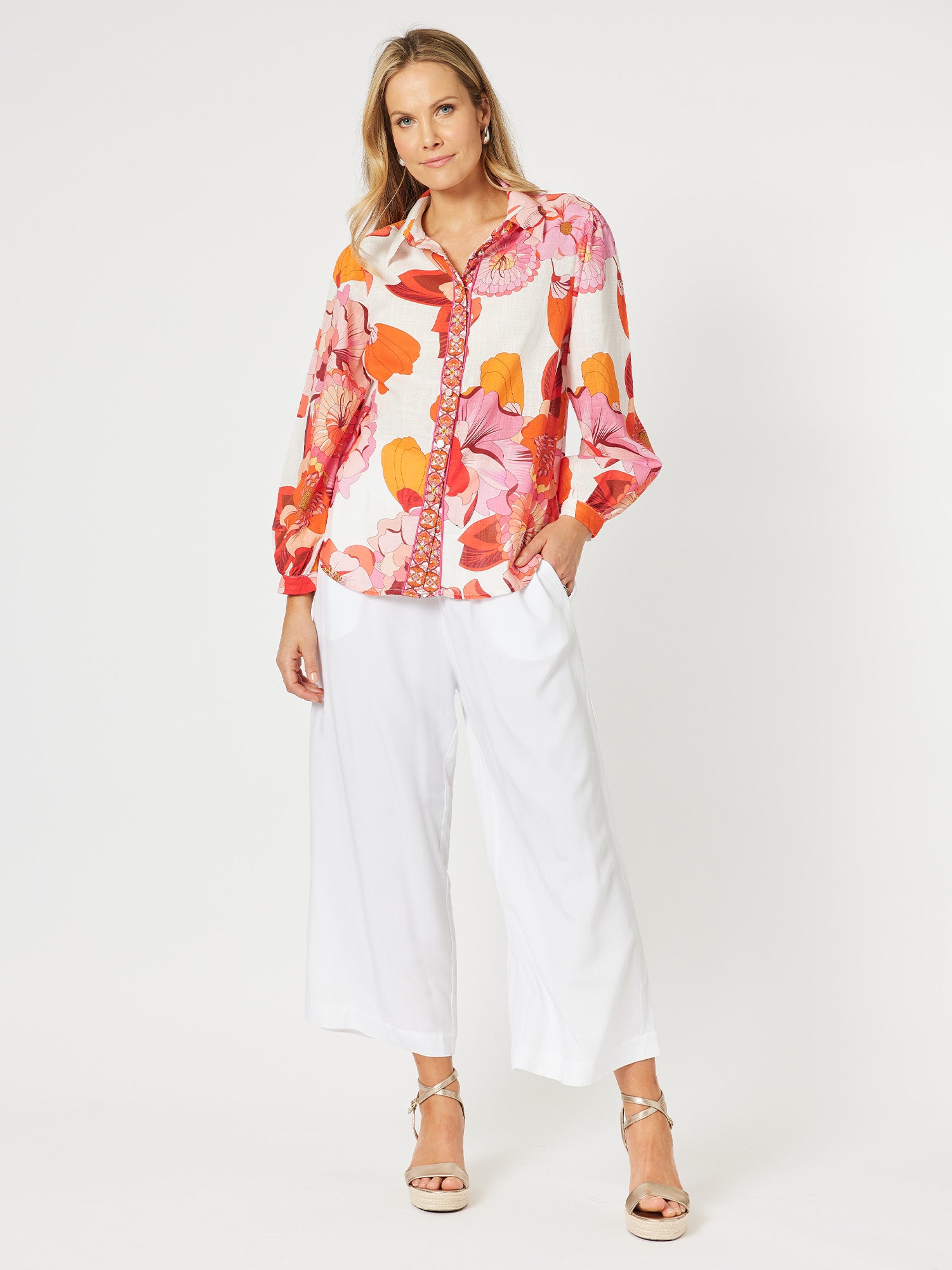 Miami Cotton Print Long Sleeve Shirt - Melon