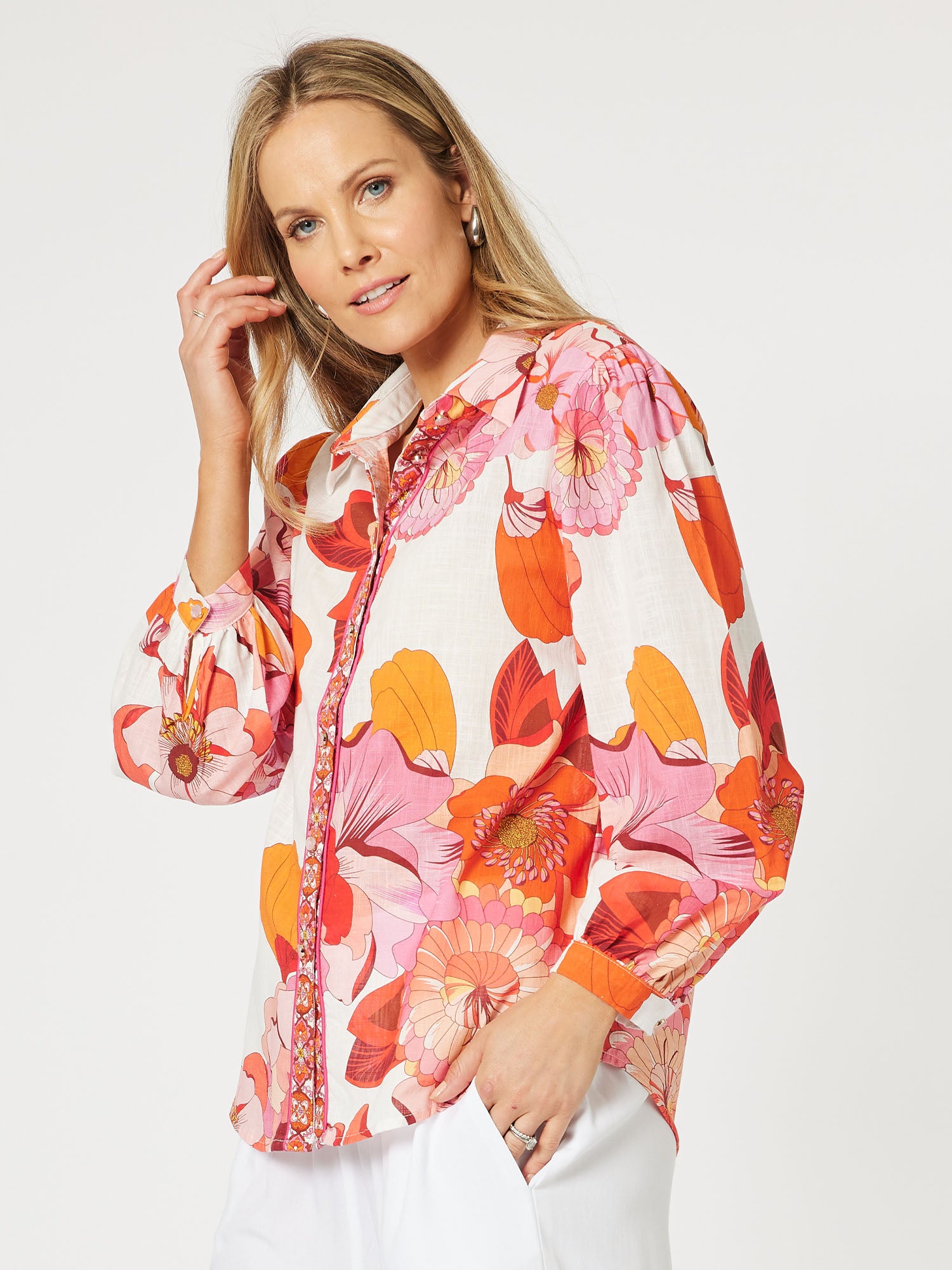 Miami Cotton Print Long Sleeve Shirt - Melon
