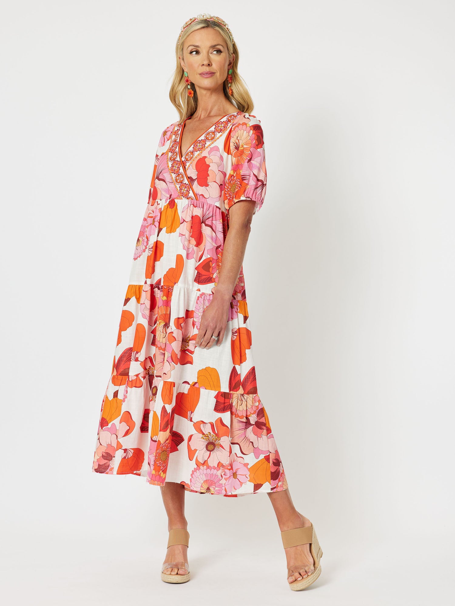 Miami Cotton Print Tiered Short Sleeve Midi Dress - Melon