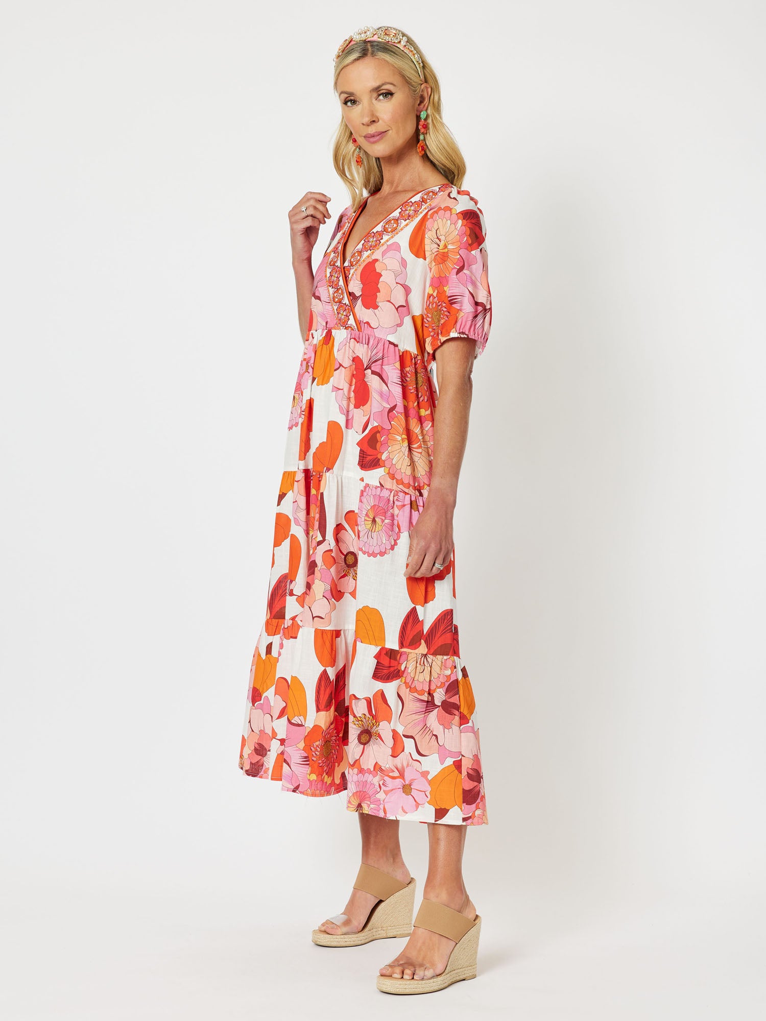 Miami Cotton Print Tiered Short Sleeve Midi Dress - Melon