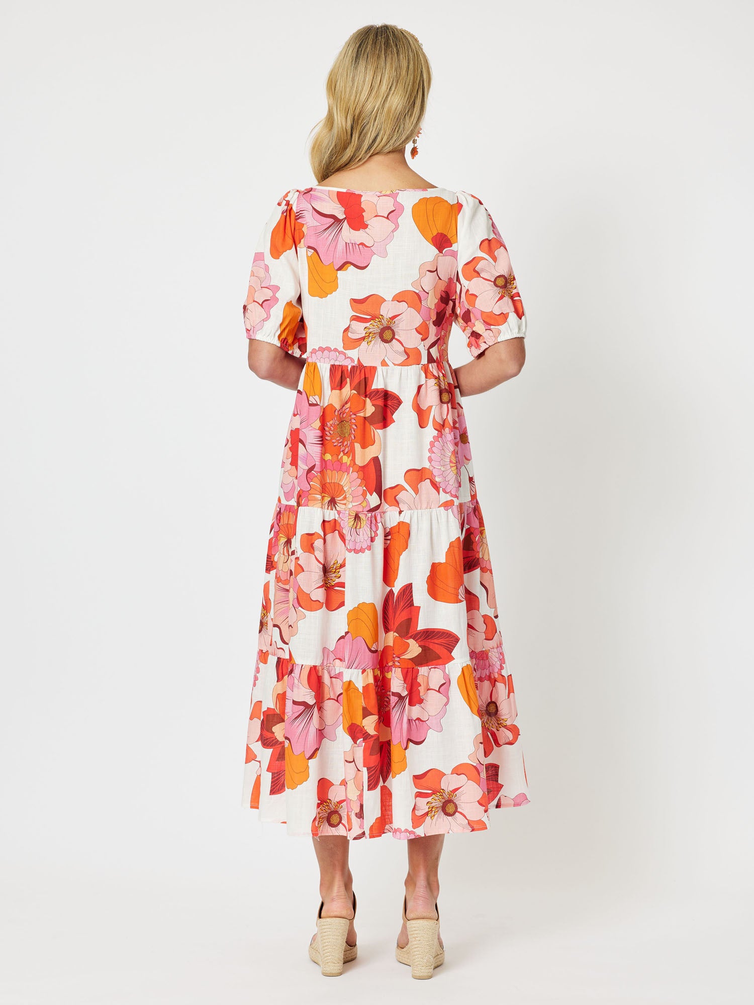 Miami Cotton Print Tiered Short Sleeve Midi Dress - Melon