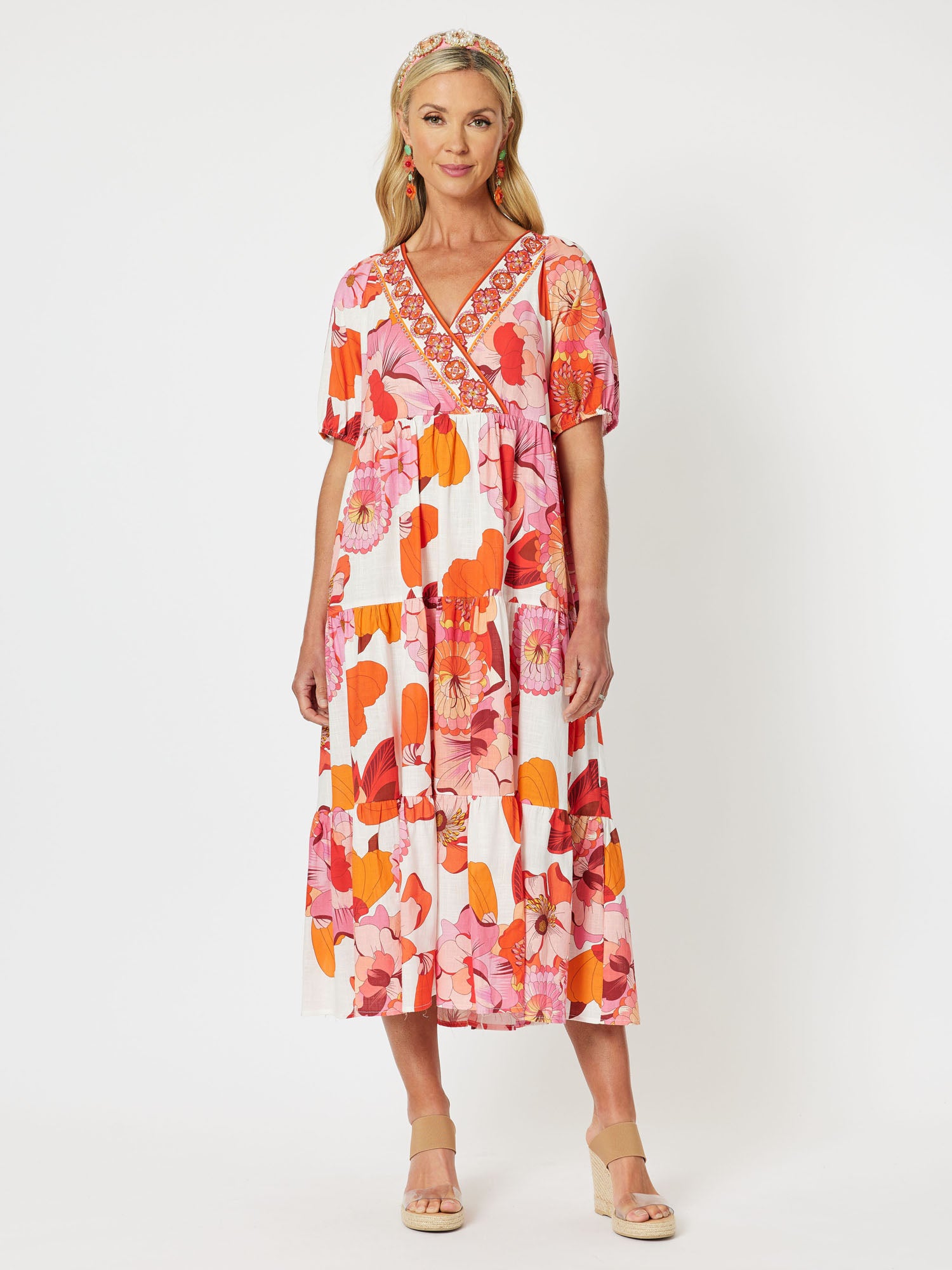 Miami Cotton Print Tiered Short Sleeve Midi Dress - Melon