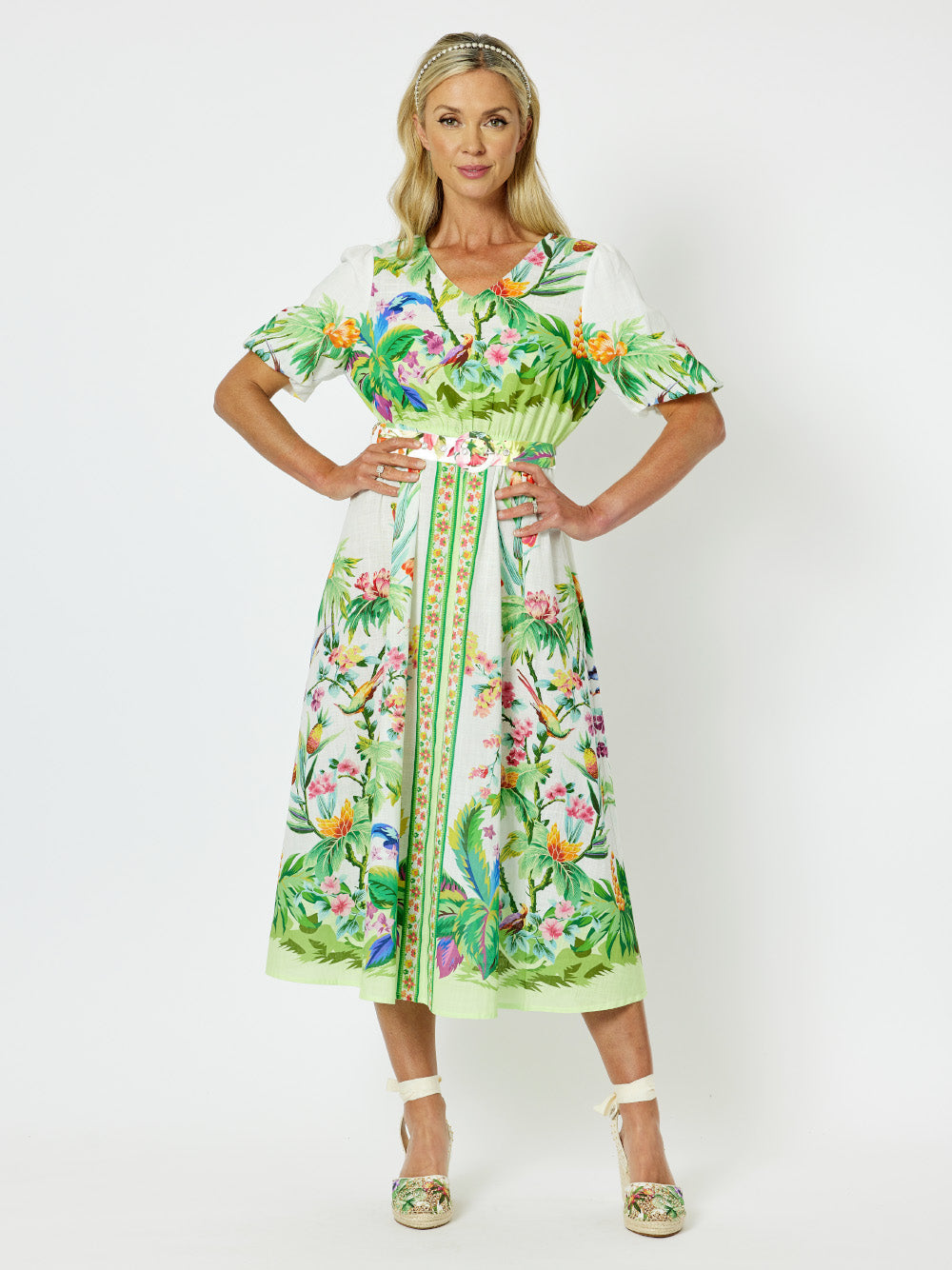 Cobana Print Short Sleeve Belted Midi Dress - Multi