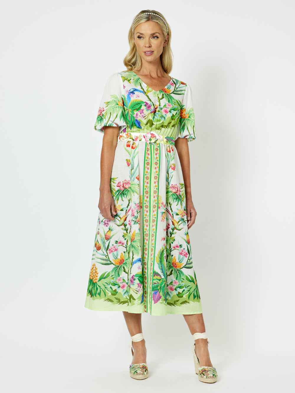 Cobana Print Short Sleeve Belted Midi Dress - Multi