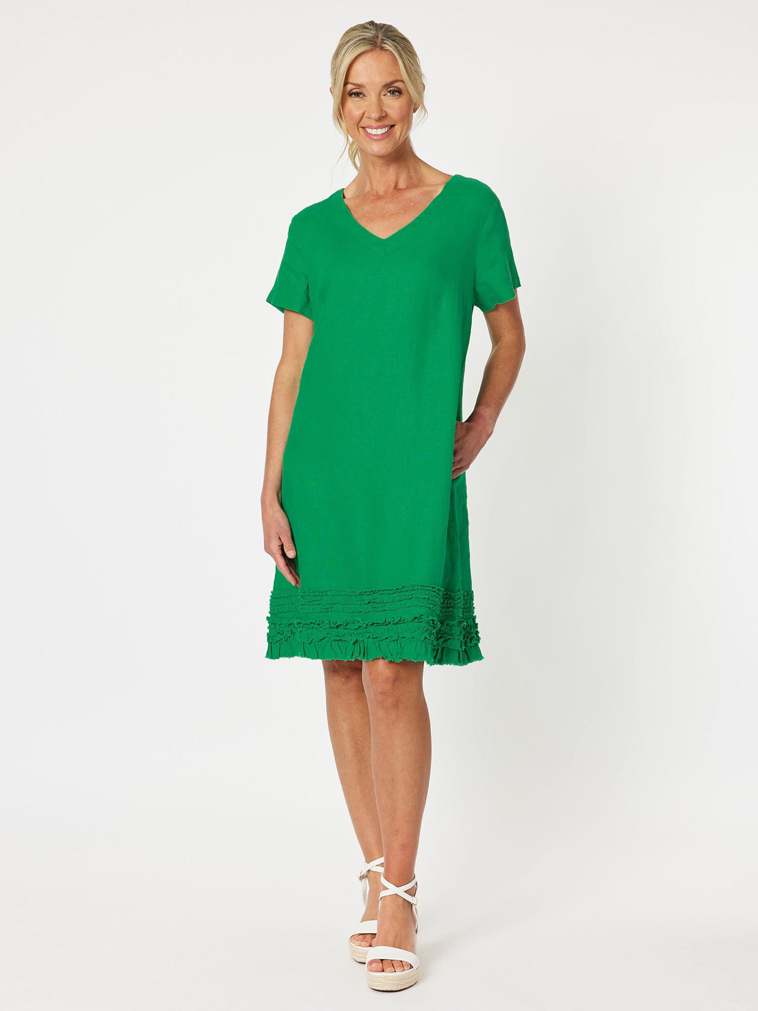 Chic Linen Shift Dress- Emerald