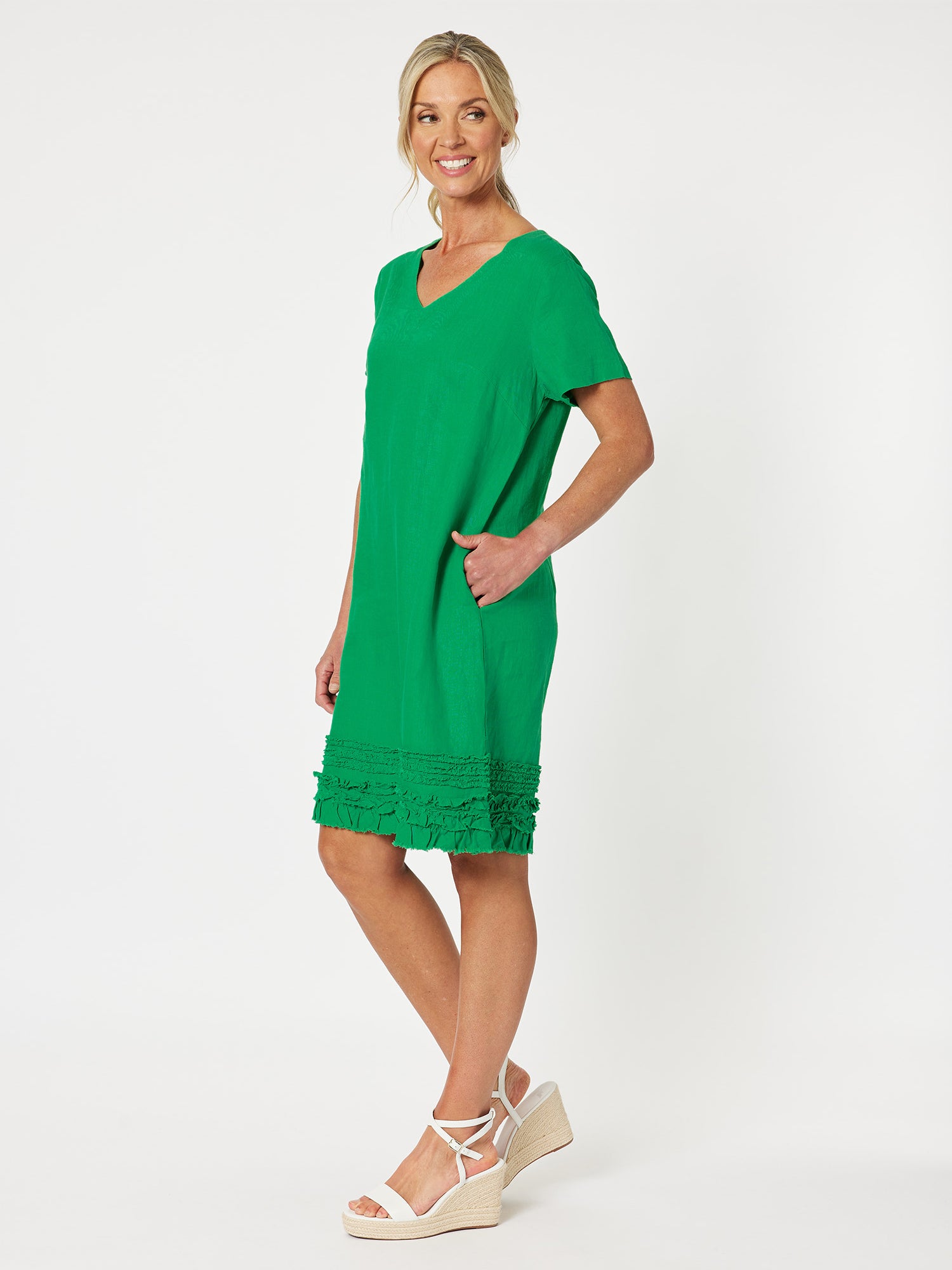 Chic Linen Shift Dress- Emerald