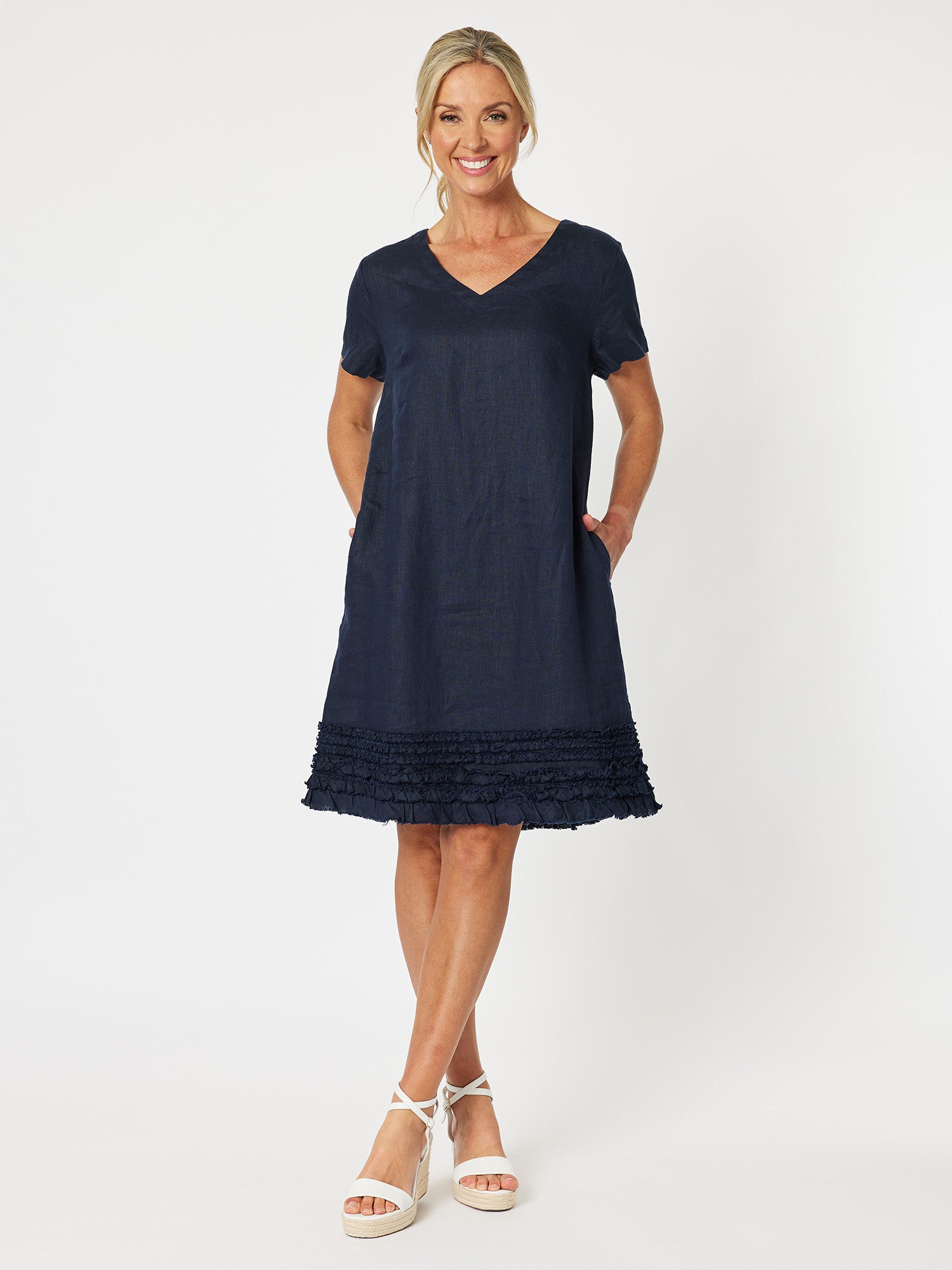 Chic Linen Shift Dress - Navy