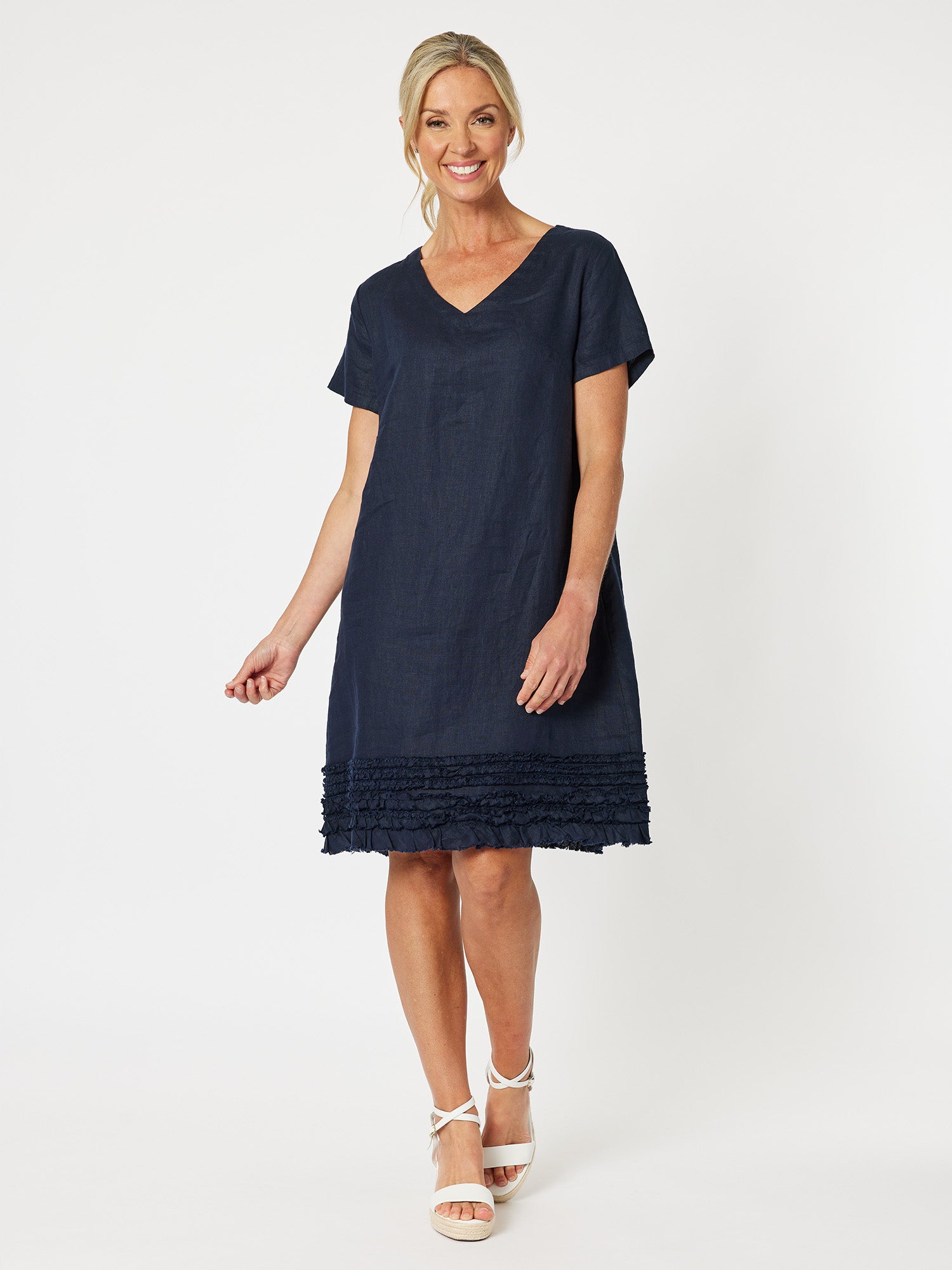Chic Linen Shift Dress - Navy