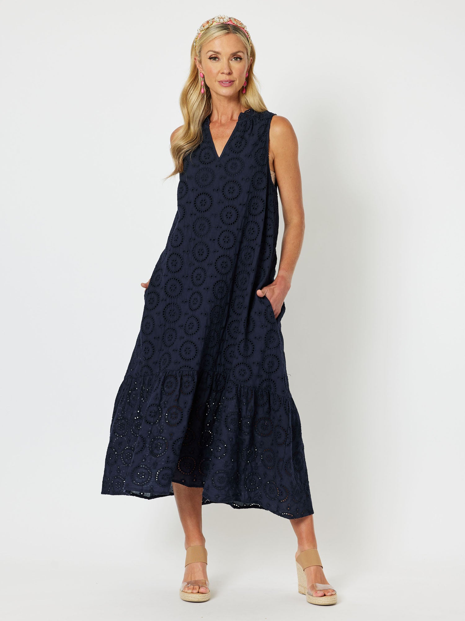 Casablanca Broderie Cotton Sleeveless Maxi Dress - Navy