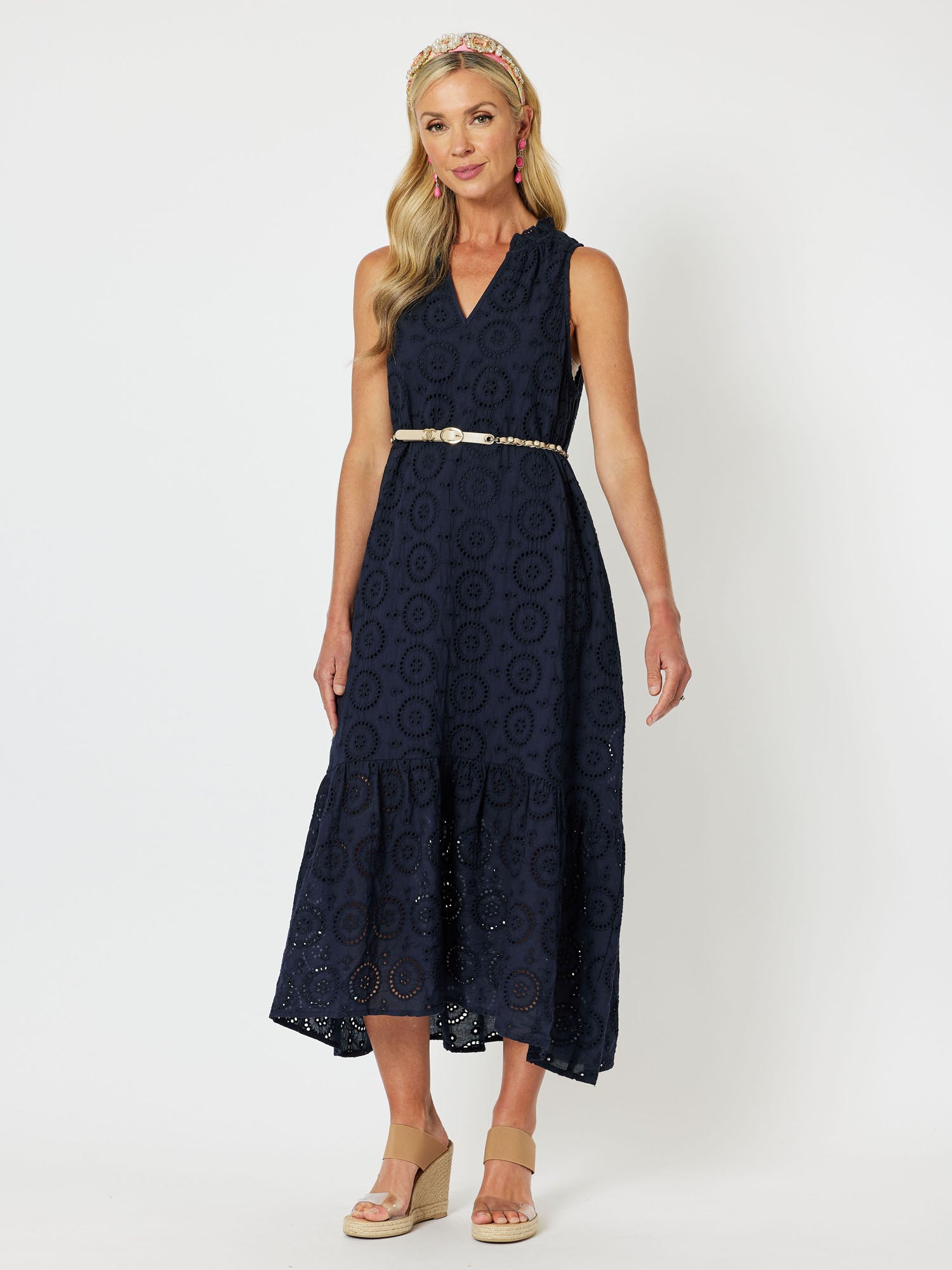 Casablanca Broderie Cotton Sleeveless Maxi Dress - Navy