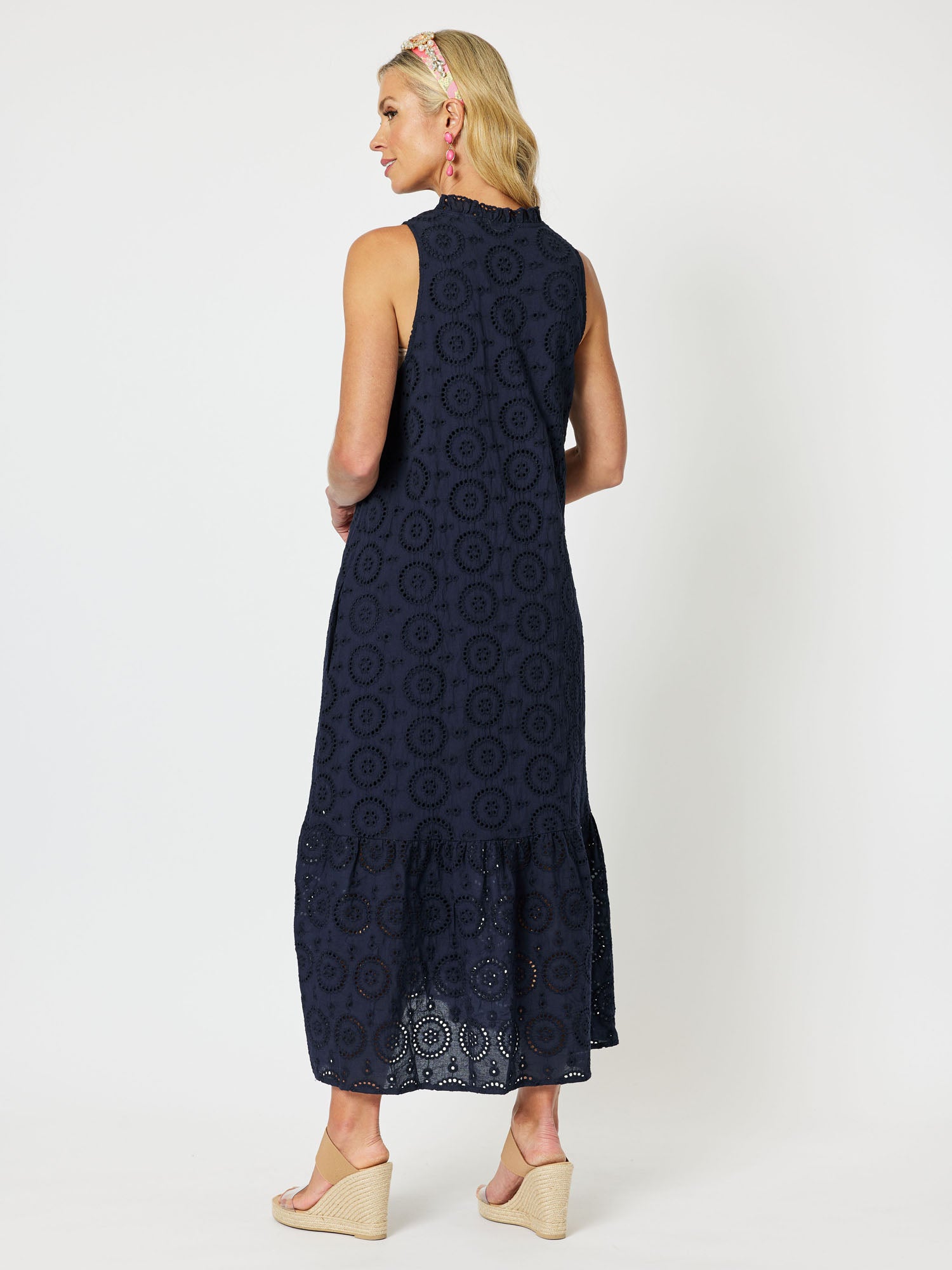 Casablanca Broderie Cotton Sleeveless Maxi Dress - Navy