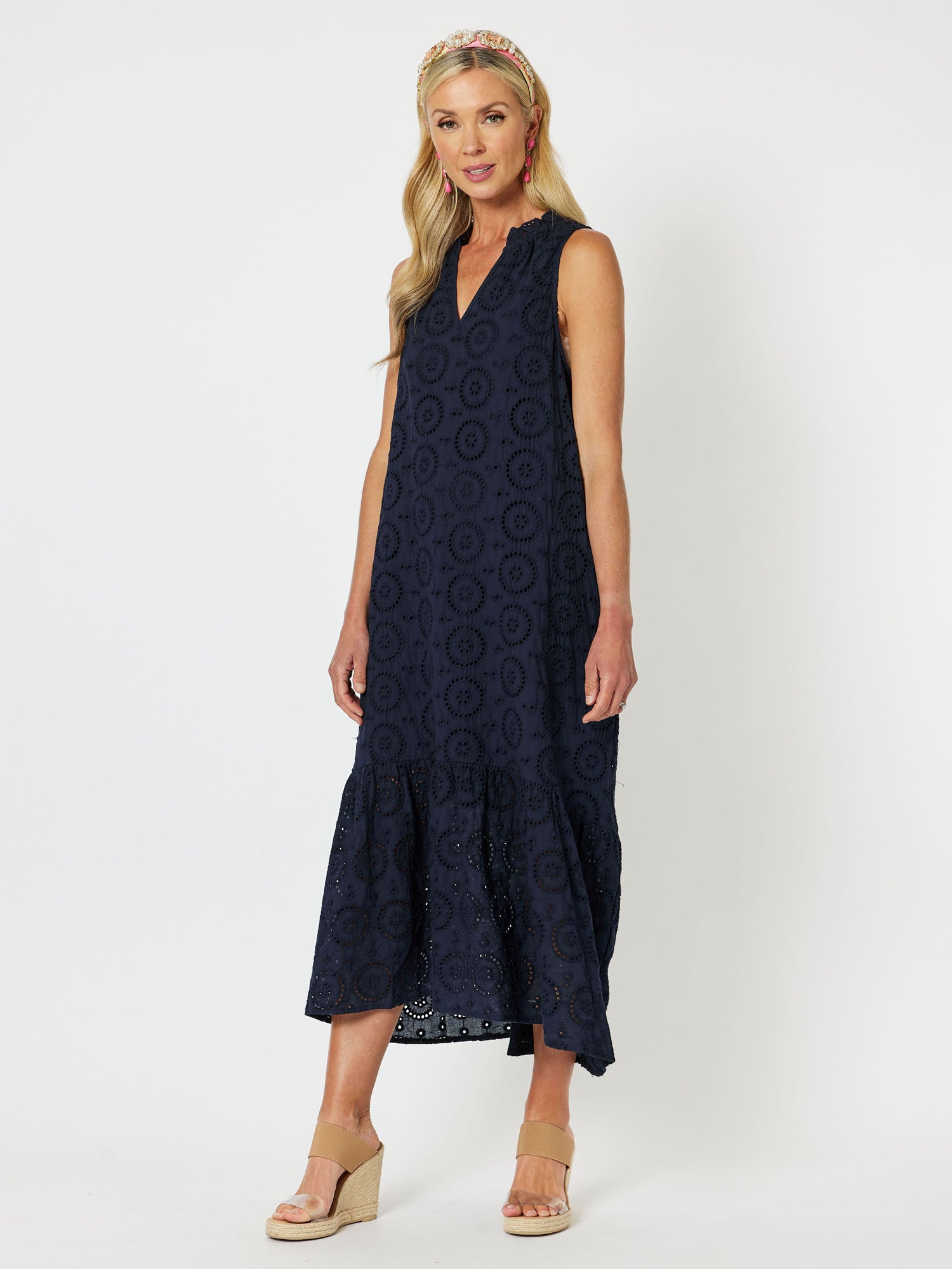 Casablanca Broderie Cotton Sleeveless Maxi Dress - Navy