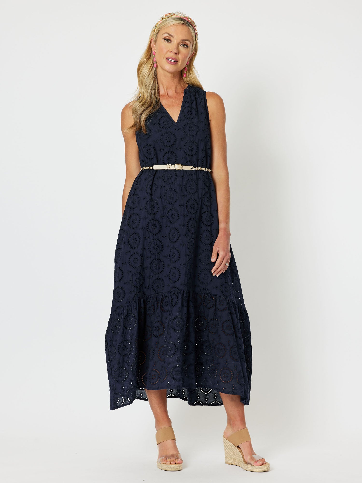 Casablanca Broderie Cotton Sleeveless Maxi Dress - Navy