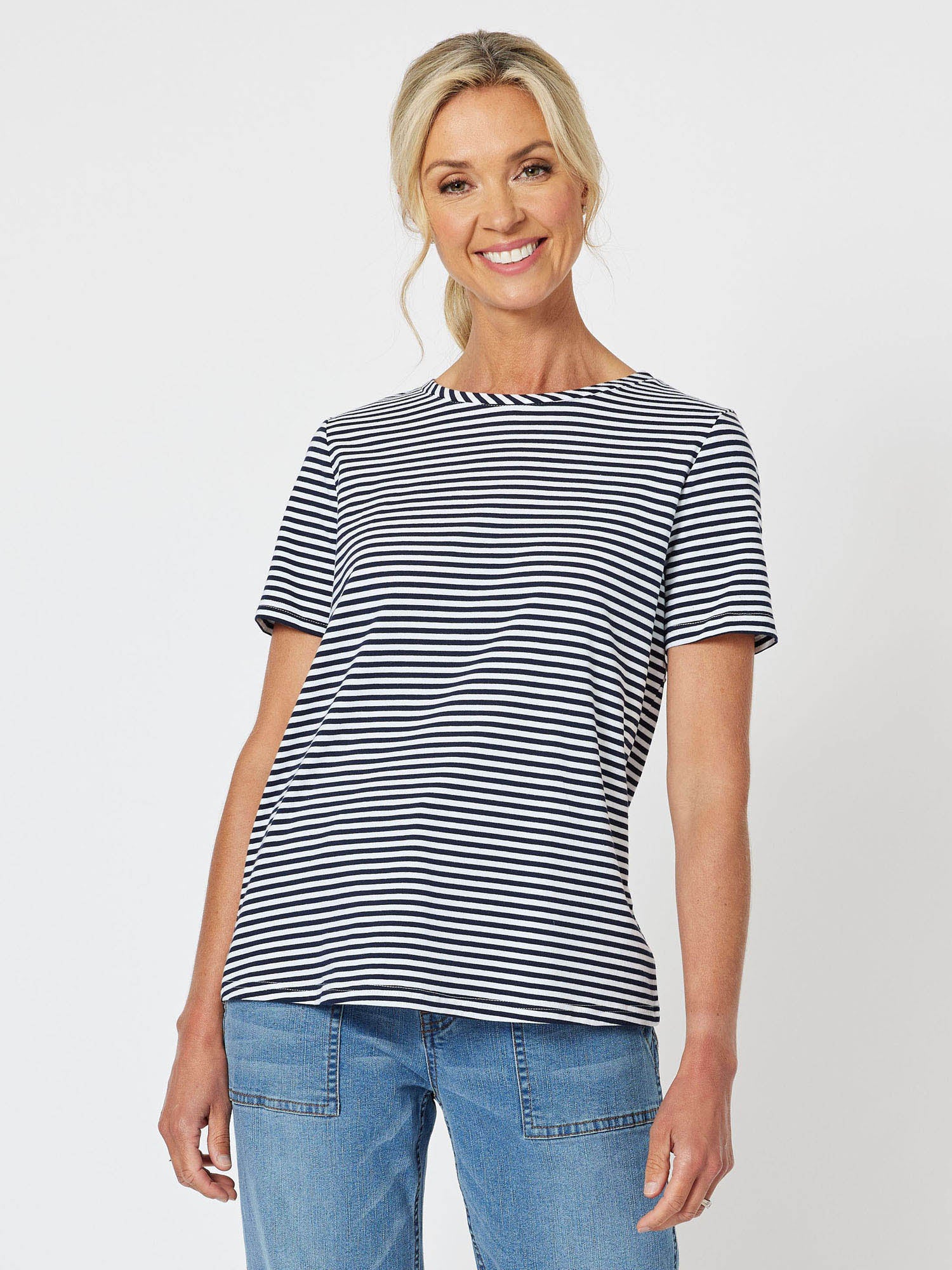 Stripe Stretch Round Neck T-Shirt - Navy/White