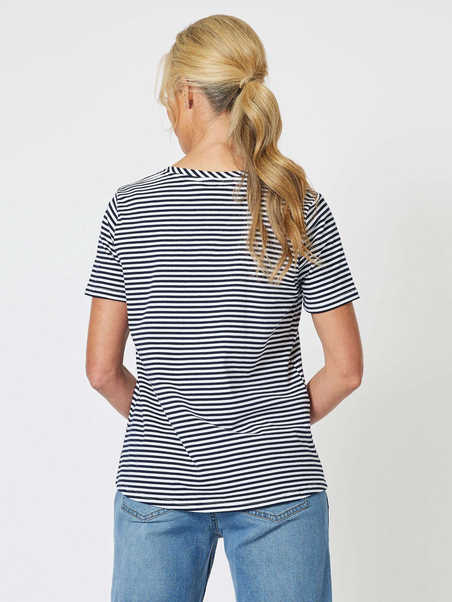 Stripe Stretch Round Neck T-Shirt - Navy/White