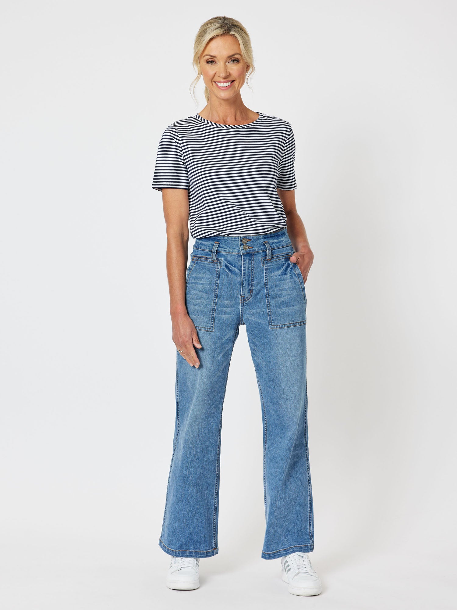 Stripe Stretch Round Neck T-Shirt - Navy/White