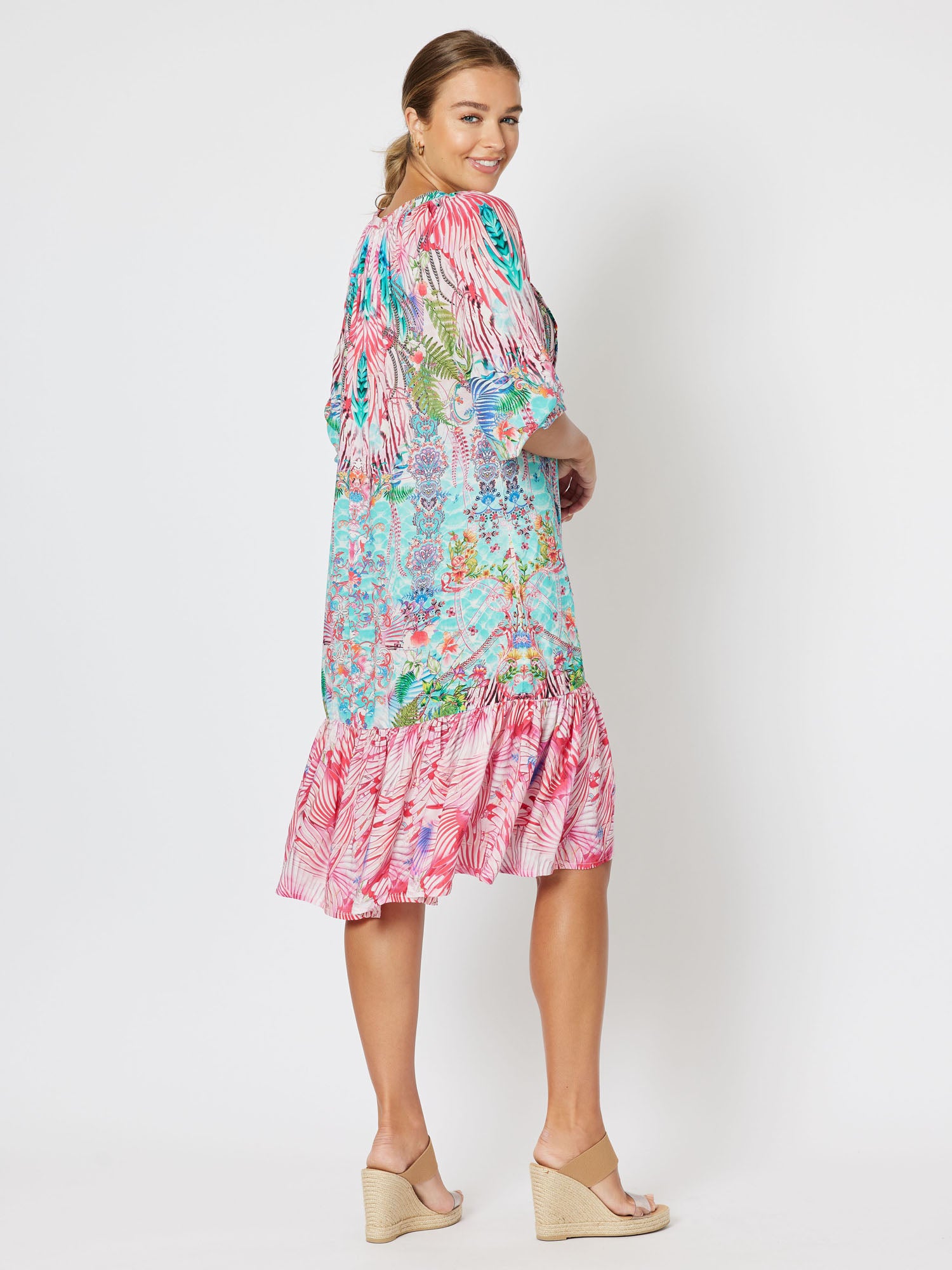 Kapari Print Elbow Sleeve A-Line Dress - Multi