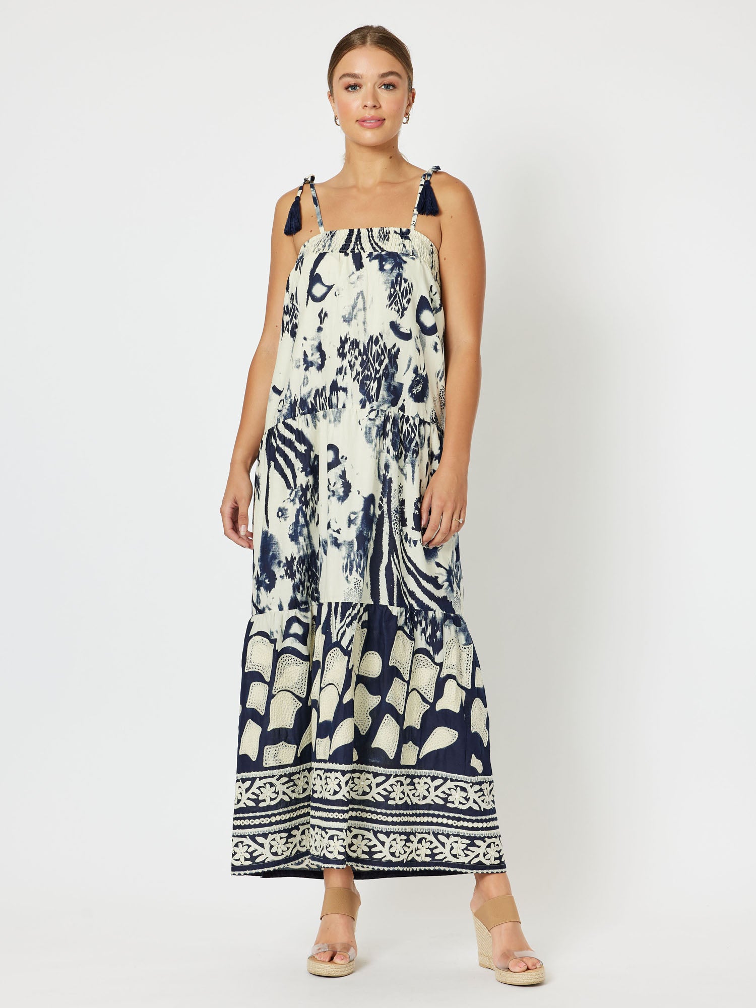 Kenya Cotton Embroidered Sleeveless Maxi Dress - Navy/Nat