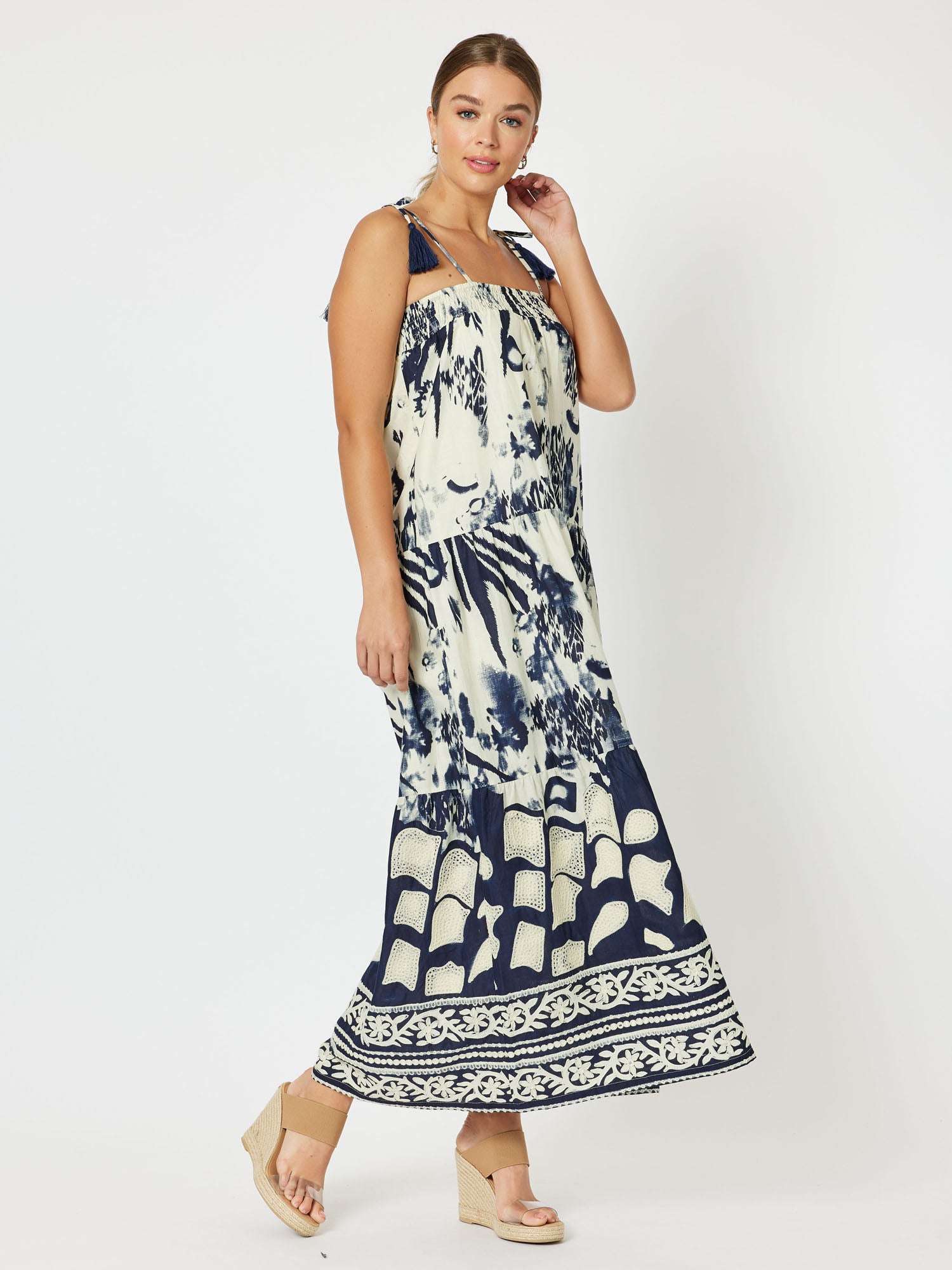Kenya Cotton Embroidered Sleeveless Maxi Dress - Navy/Nat