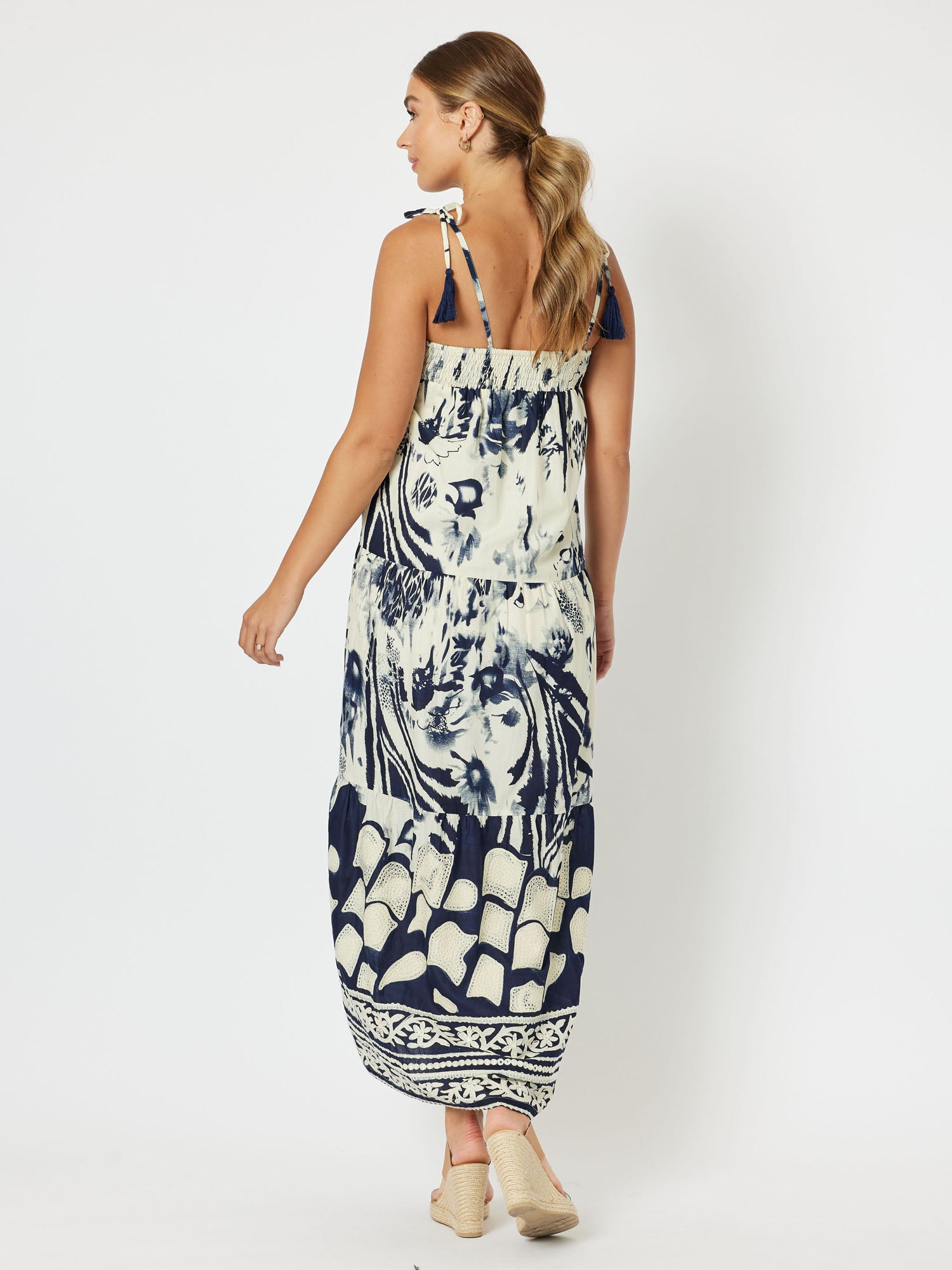 Kenya Cotton Embroidered Sleeveless Maxi Dress - Navy/Nat