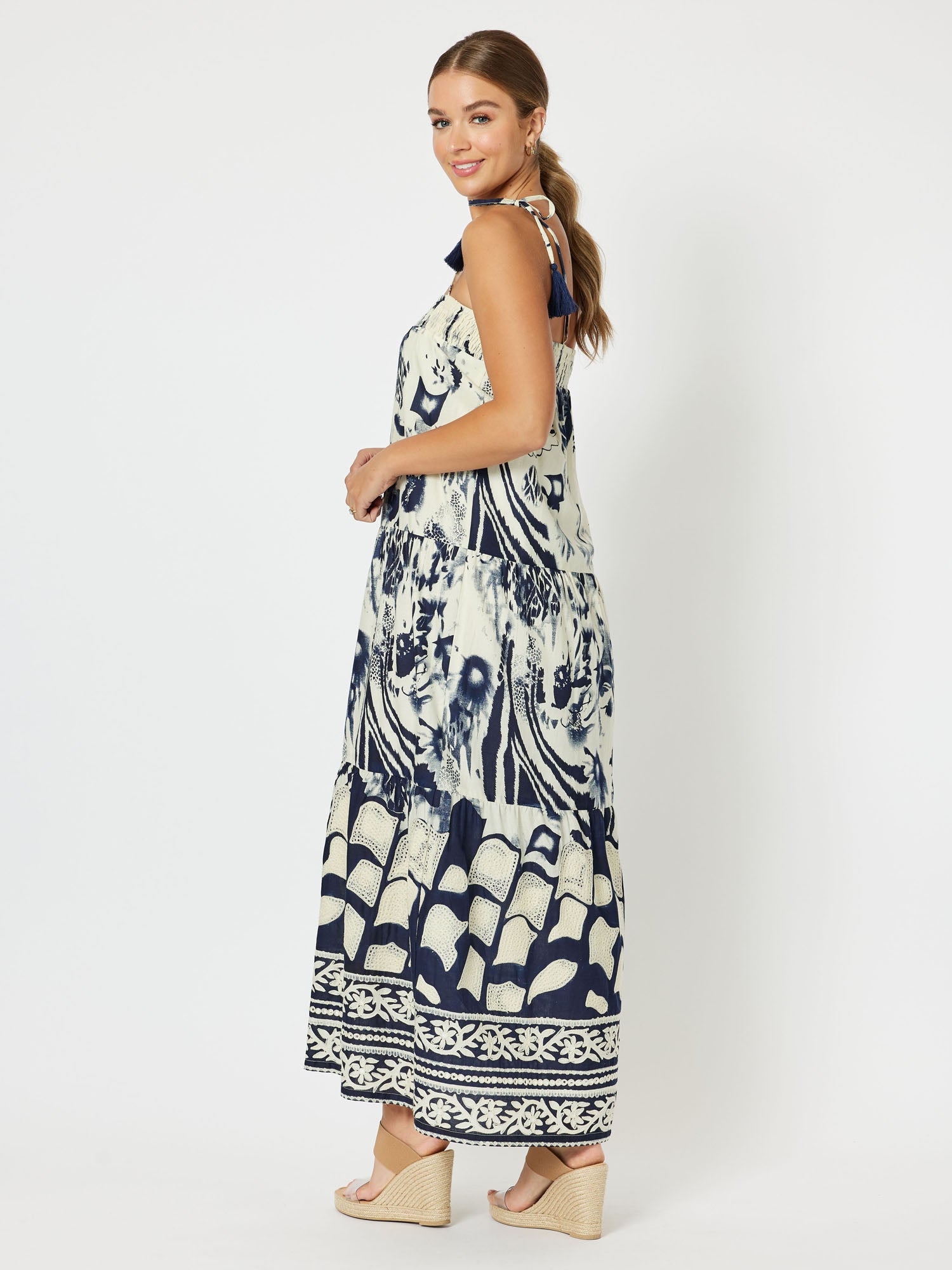 Kenya Cotton Embroidered Sleeveless Maxi Dress - Navy/Nat