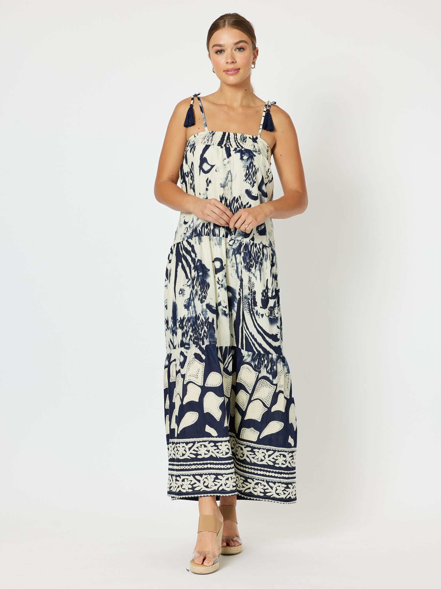 Kenya Cotton Embroidered Sleeveless Maxi Dress - Navy/Nat