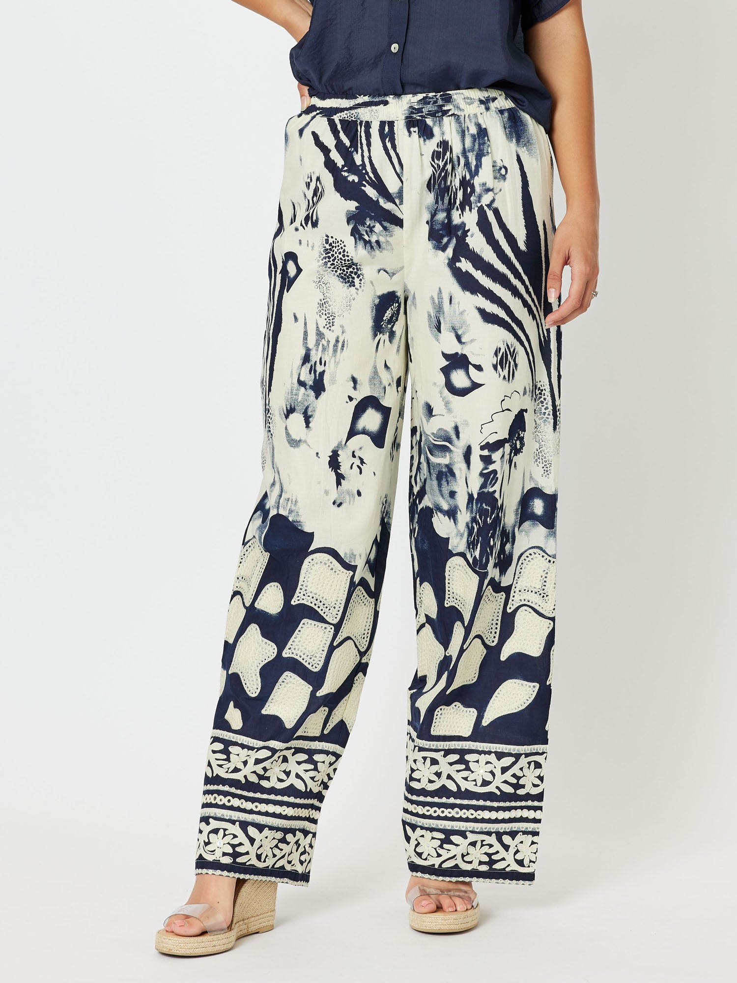 Kenya Cotton Print Wide Leg Pull On Pant - Navy/Nat