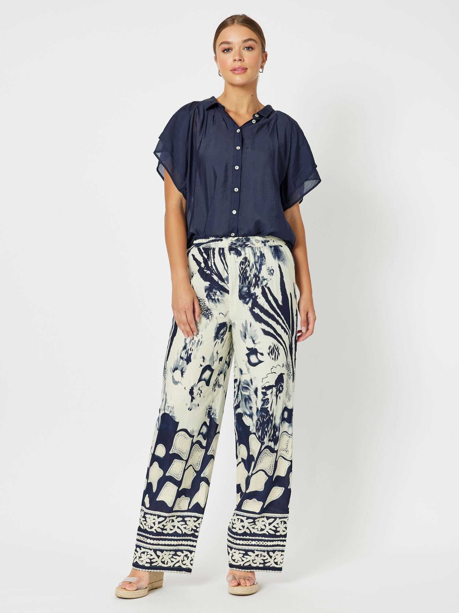 Kenya Cotton Print Wide Leg Pull On Pant - Navy/Nat