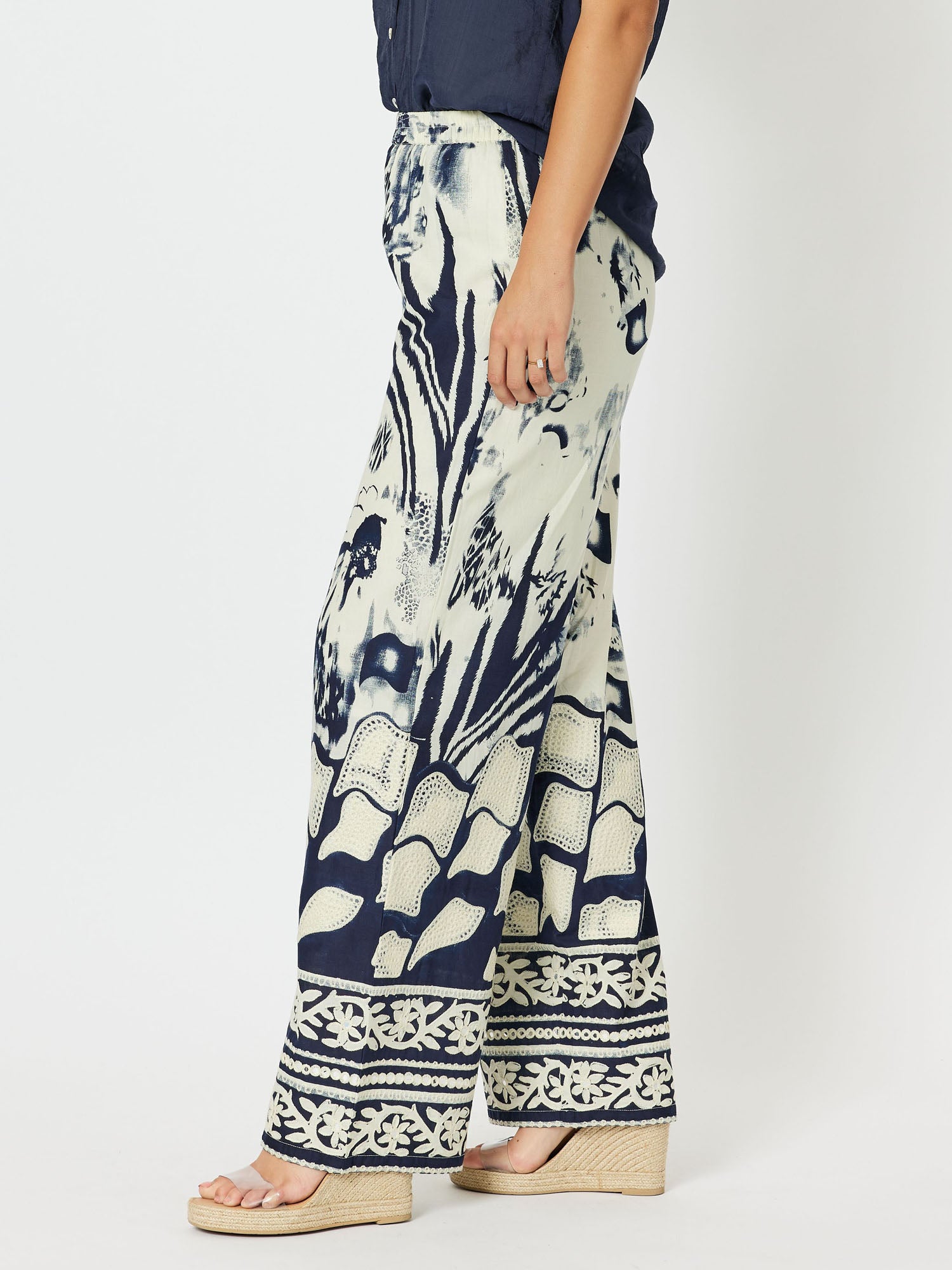 Kenya Cotton Print Wide Leg Pull On Pant - Navy/Nat