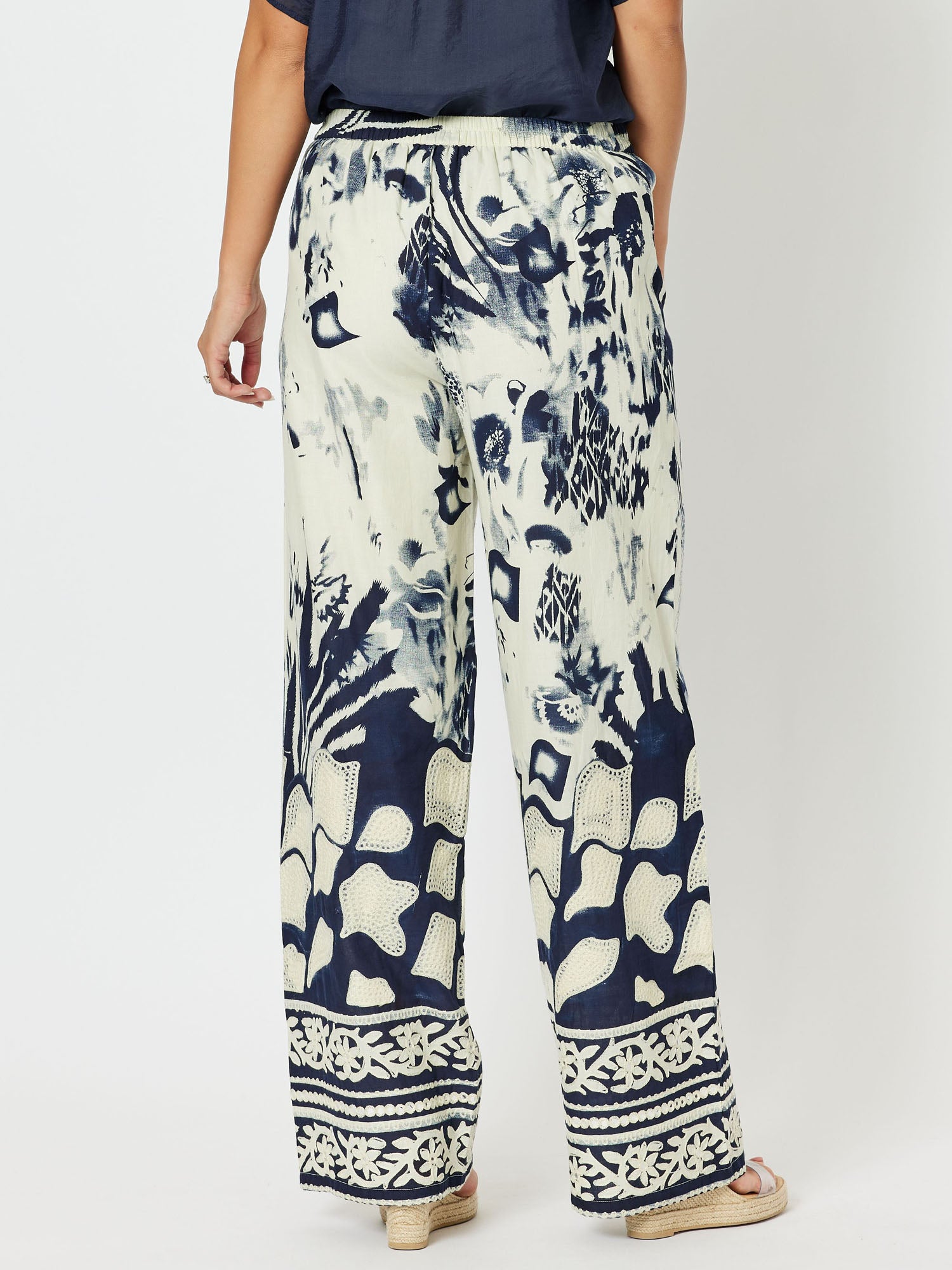 Kenya Cotton Print Wide Leg Pull On Pant - Navy/Nat