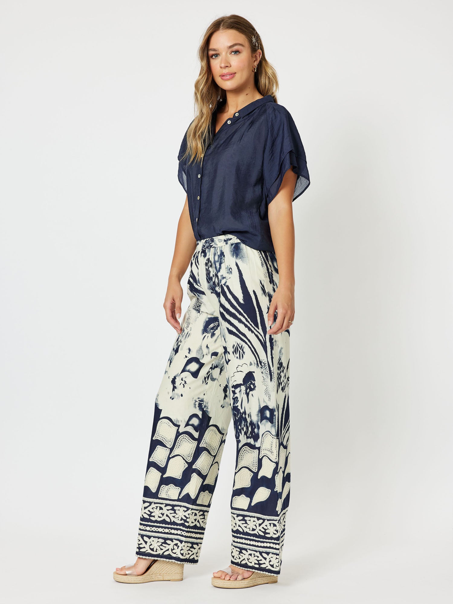 Kenya Cotton Print Wide Leg Pull On Pant - Navy/Nat