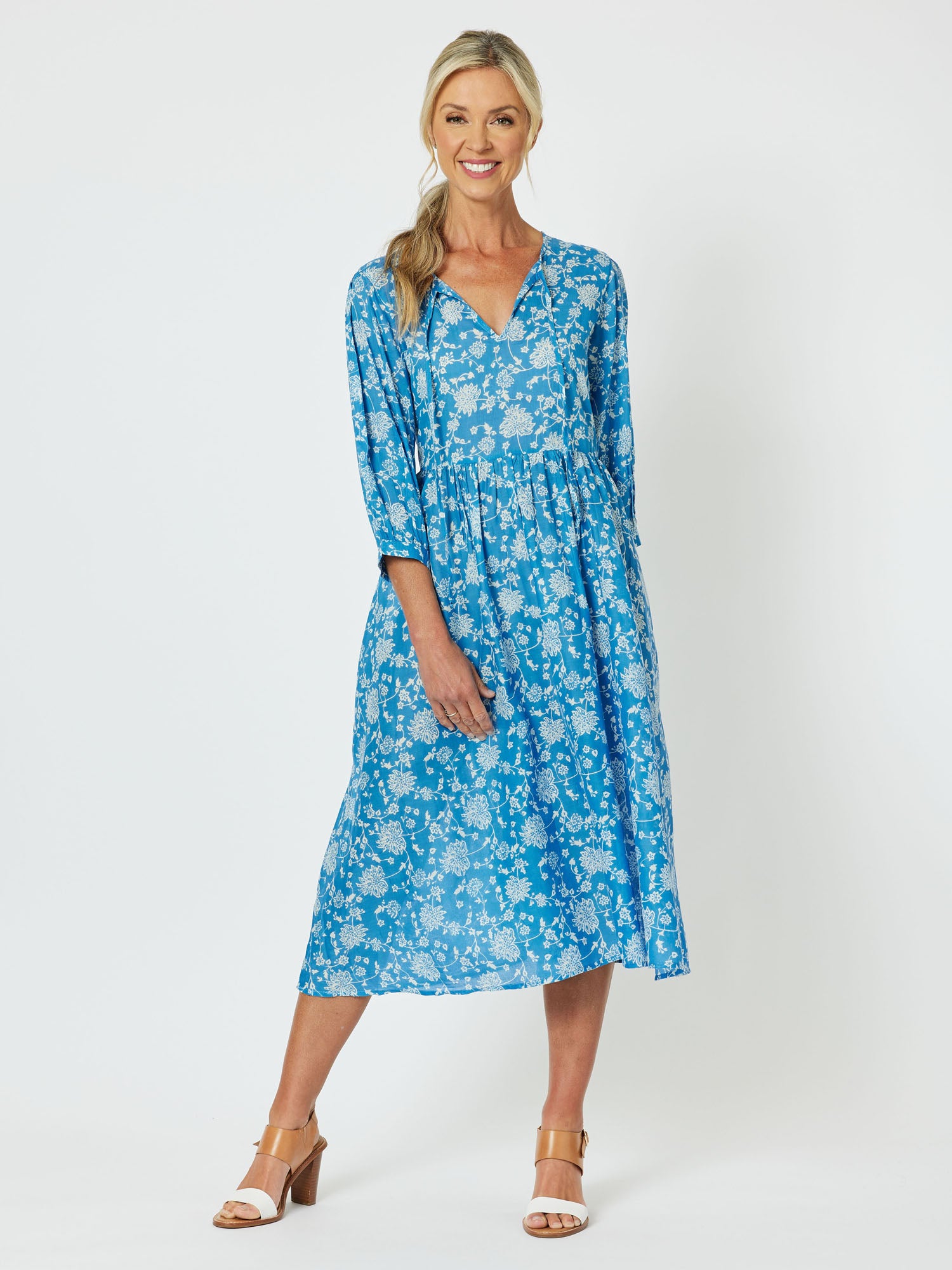 Summer Breeze Cotton Print Midi Dress - Cornflower