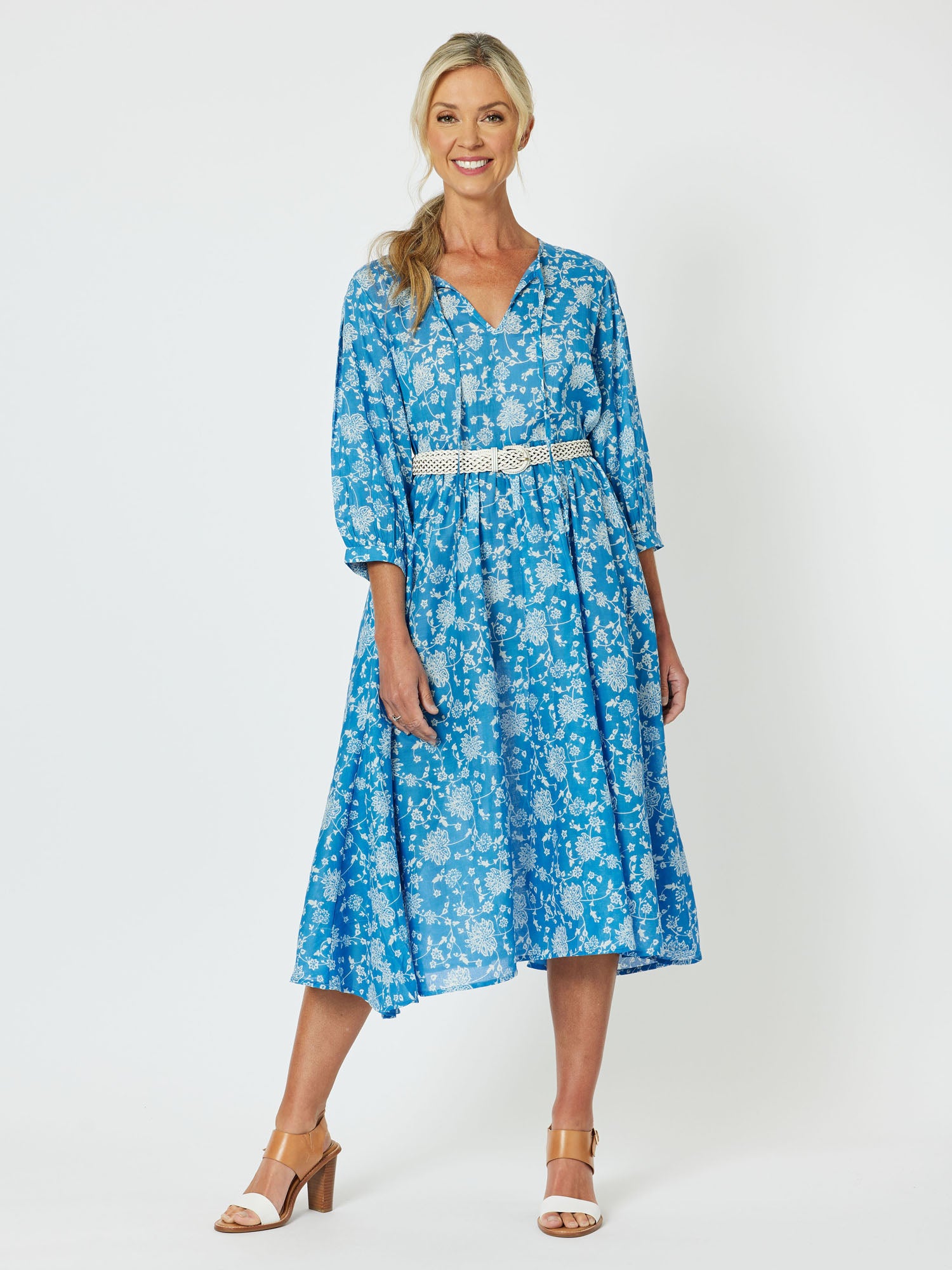 Summer Breeze Cotton Print Midi Dress - Cornflower