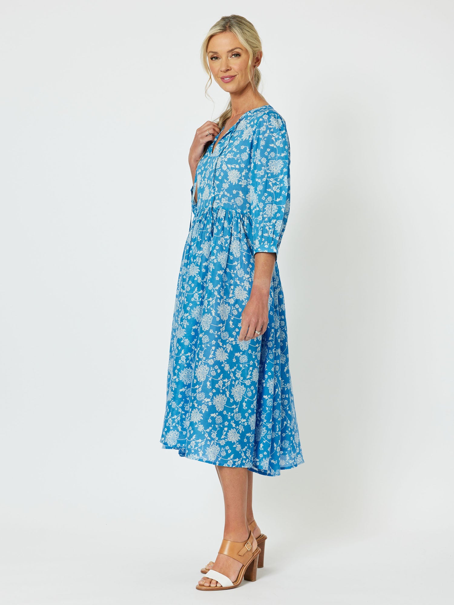 Summer Breeze Cotton Print Midi Dress - Cornflower