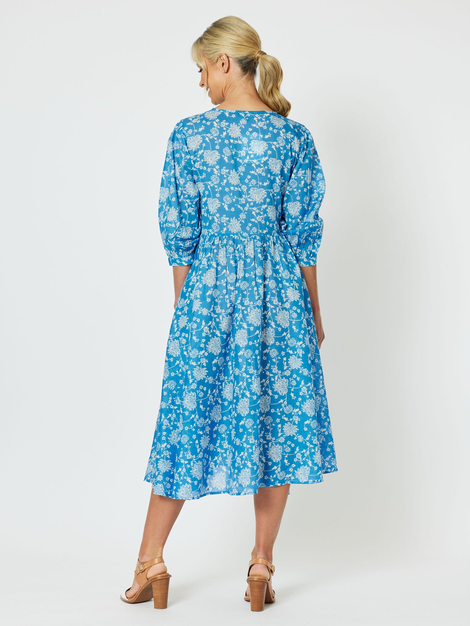Summer Breeze Cotton Print Midi Dress - Cornflower