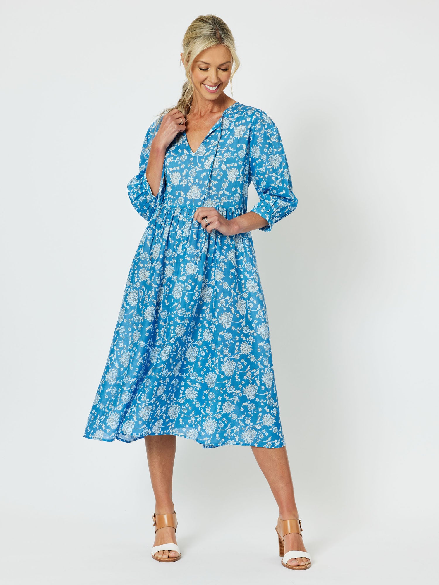 Summer Breeze Cotton Print Midi Dress - Cornflower