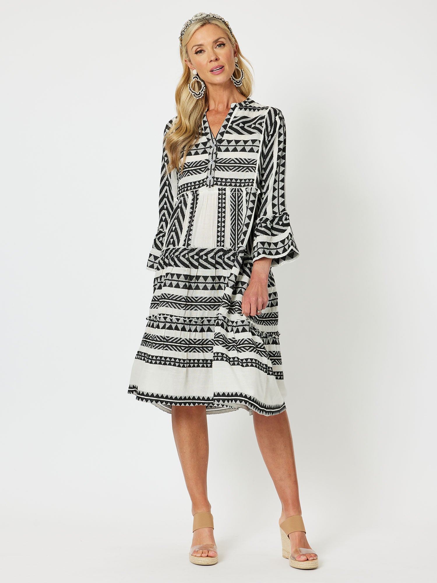 Aztec Pattern Tiered Dress - Black/Nat