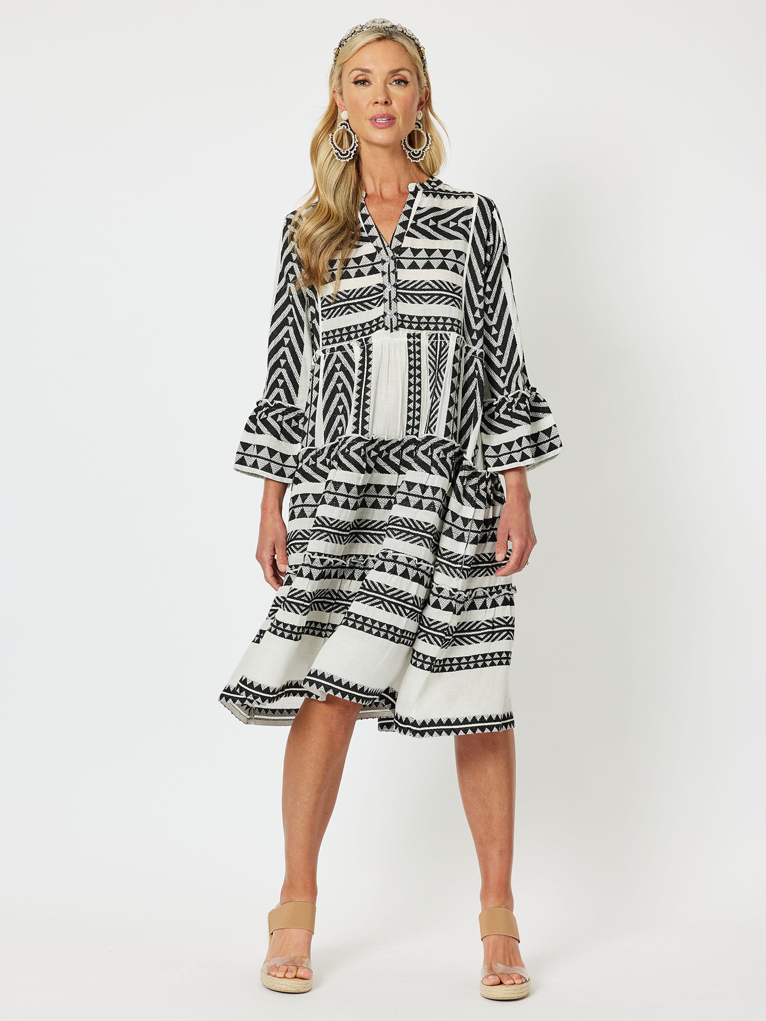 Aztec Pattern Tiered Dress - Black/Nat