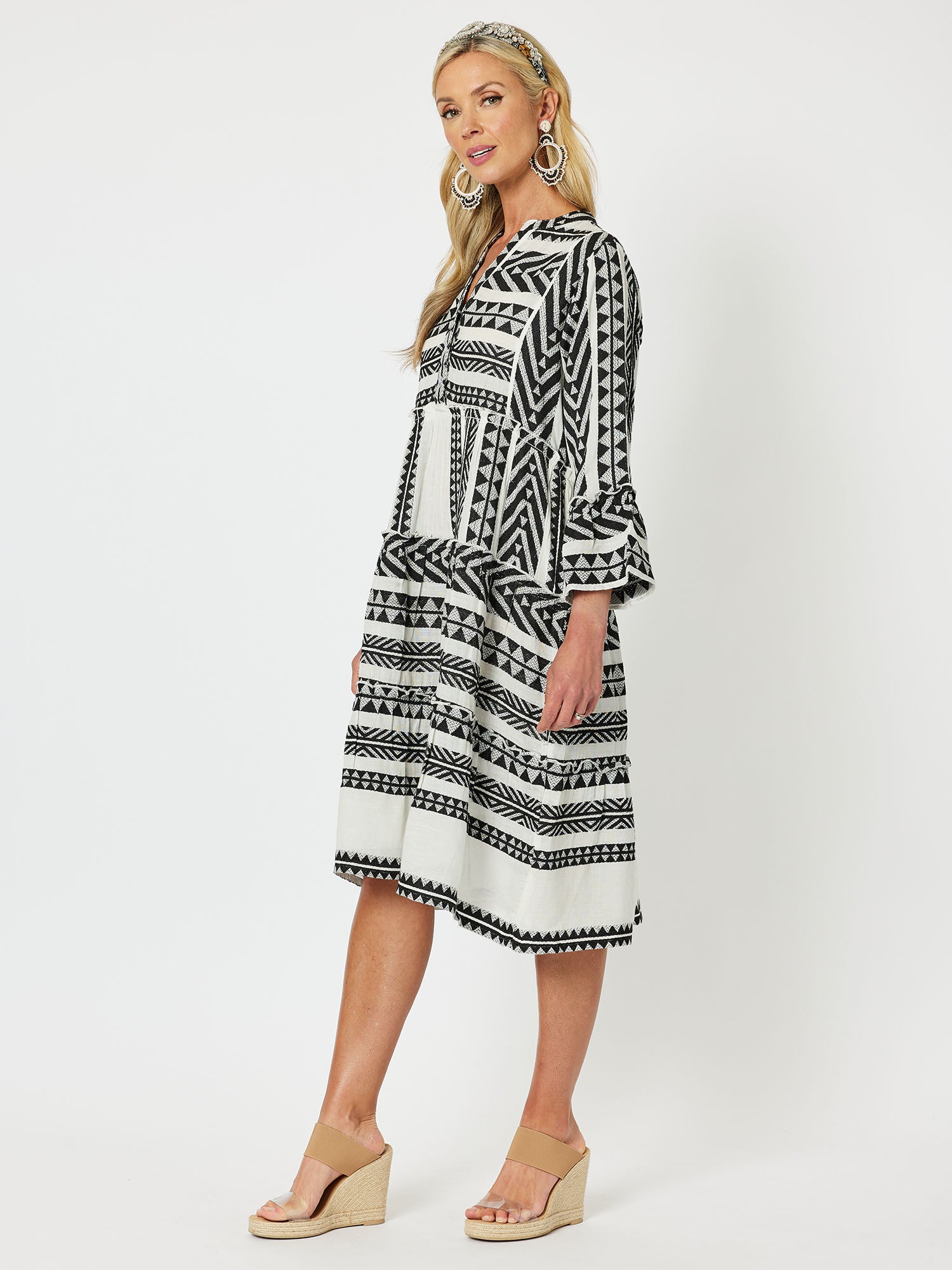 Aztec Pattern Tiered Dress - Black/Nat