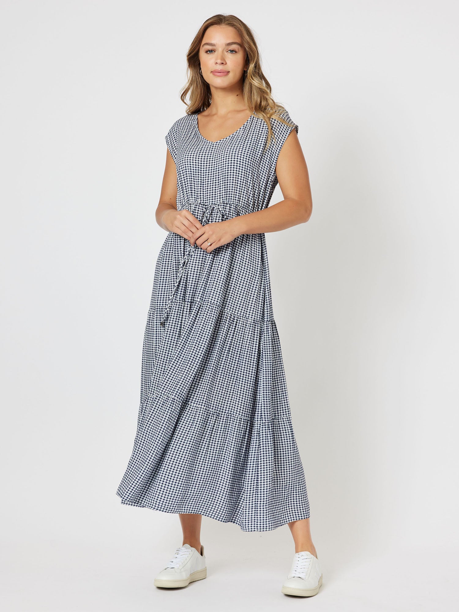 Check It Out Tie Waist Dress - Navy