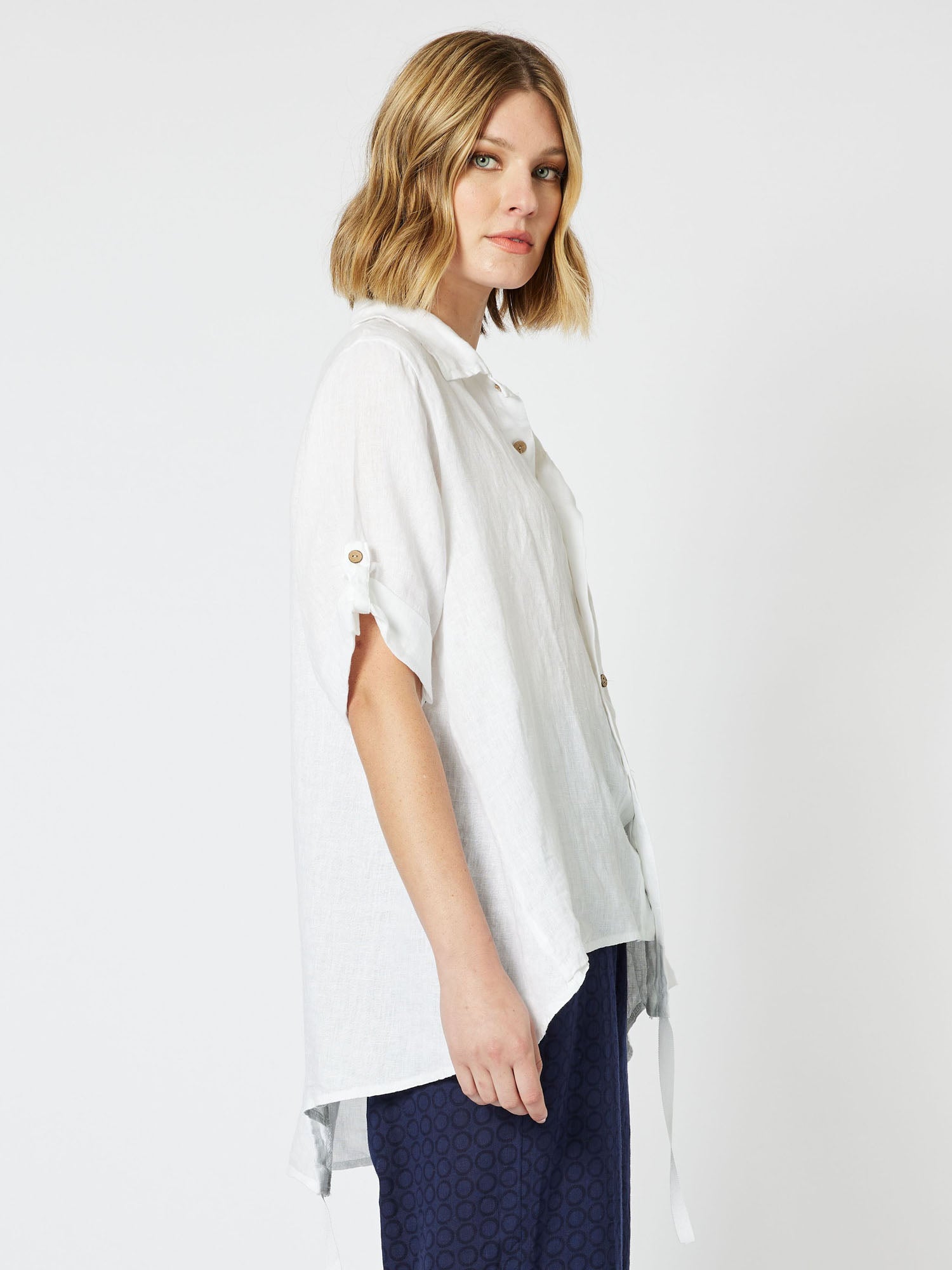State Of Mind Linen Asymmetric Tab Sleeve Shirt - White