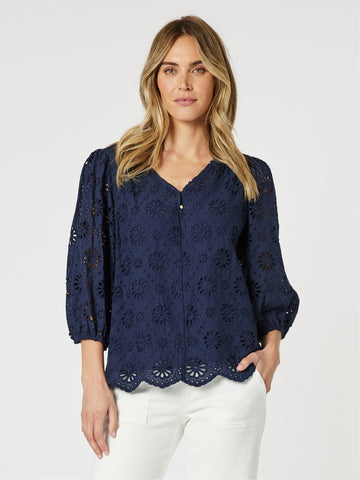 Jasmine Floral Lace Blouse - Navy